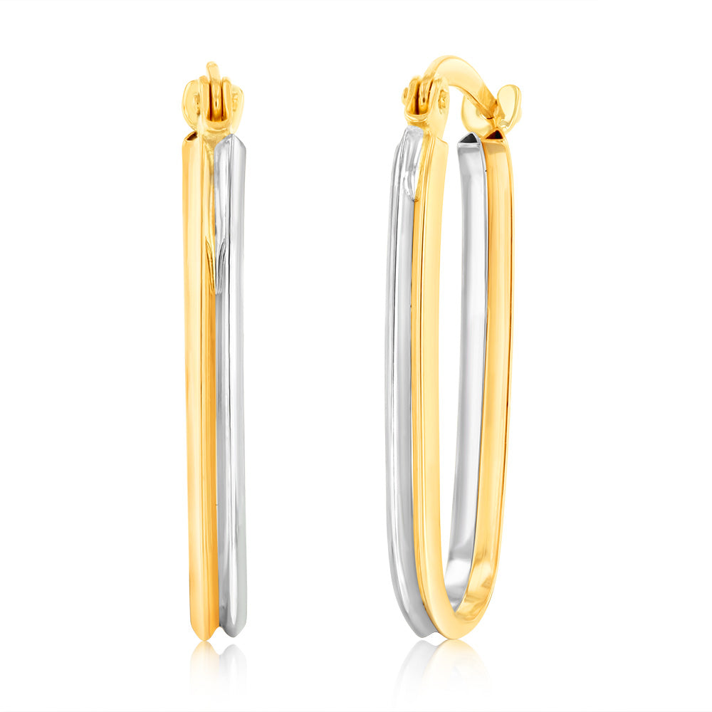 9ct Yellow and White Gold Two-Tone Elongated Hoop Earrings for Women - Elegant Dangle Earrings for Party, Wedding & Everyday Wear