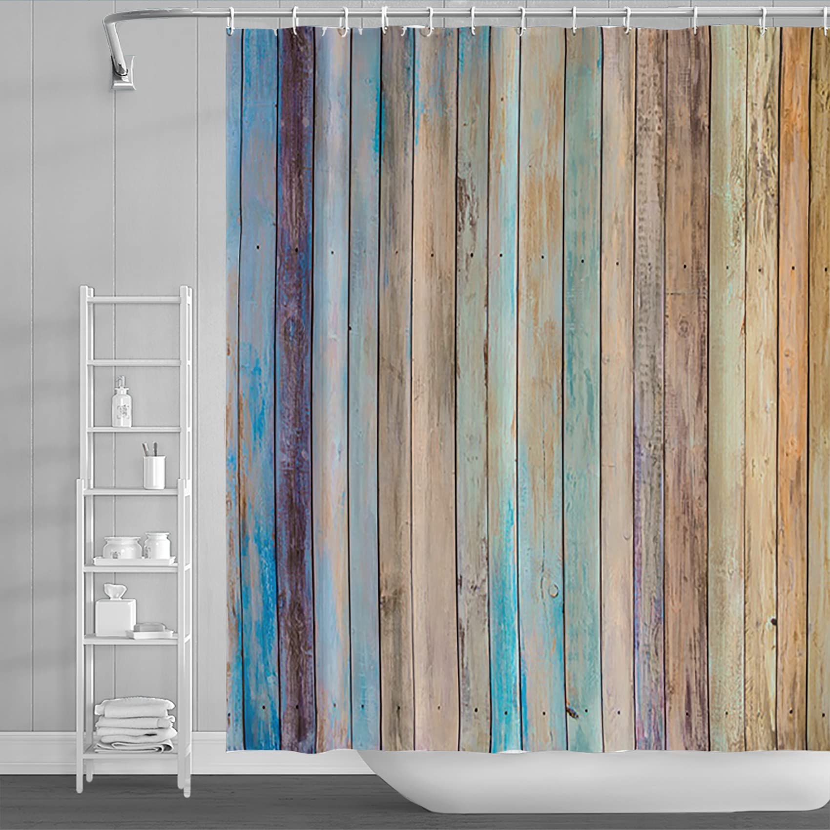 Rustic Colorful Wooden Board Shower Curtain - Waterproof Bathroom Decor with 12 Hooks, 65
