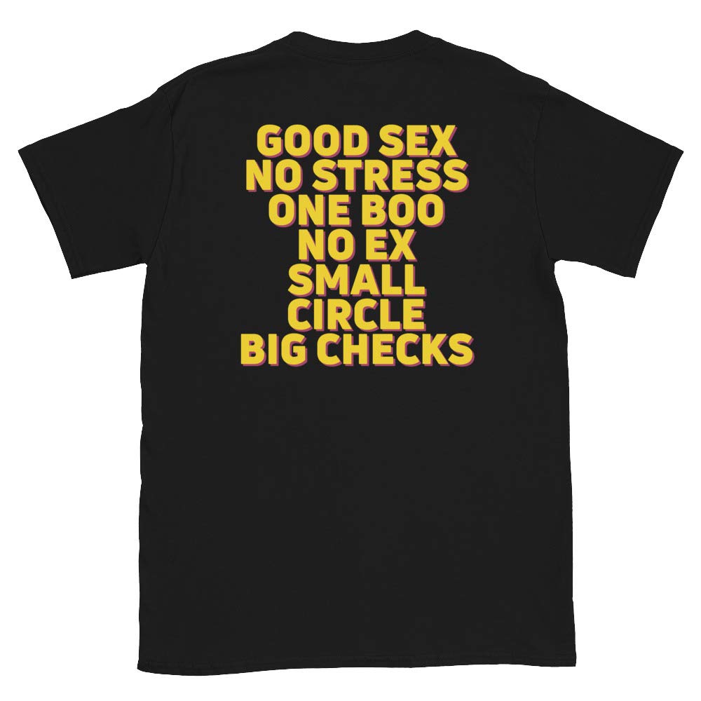 Good Sex No Stress Graphic T-Shirt - Unisex Fit, Small Circle Big Checks Design - Casual Wear for Relaxation & Fun Outings