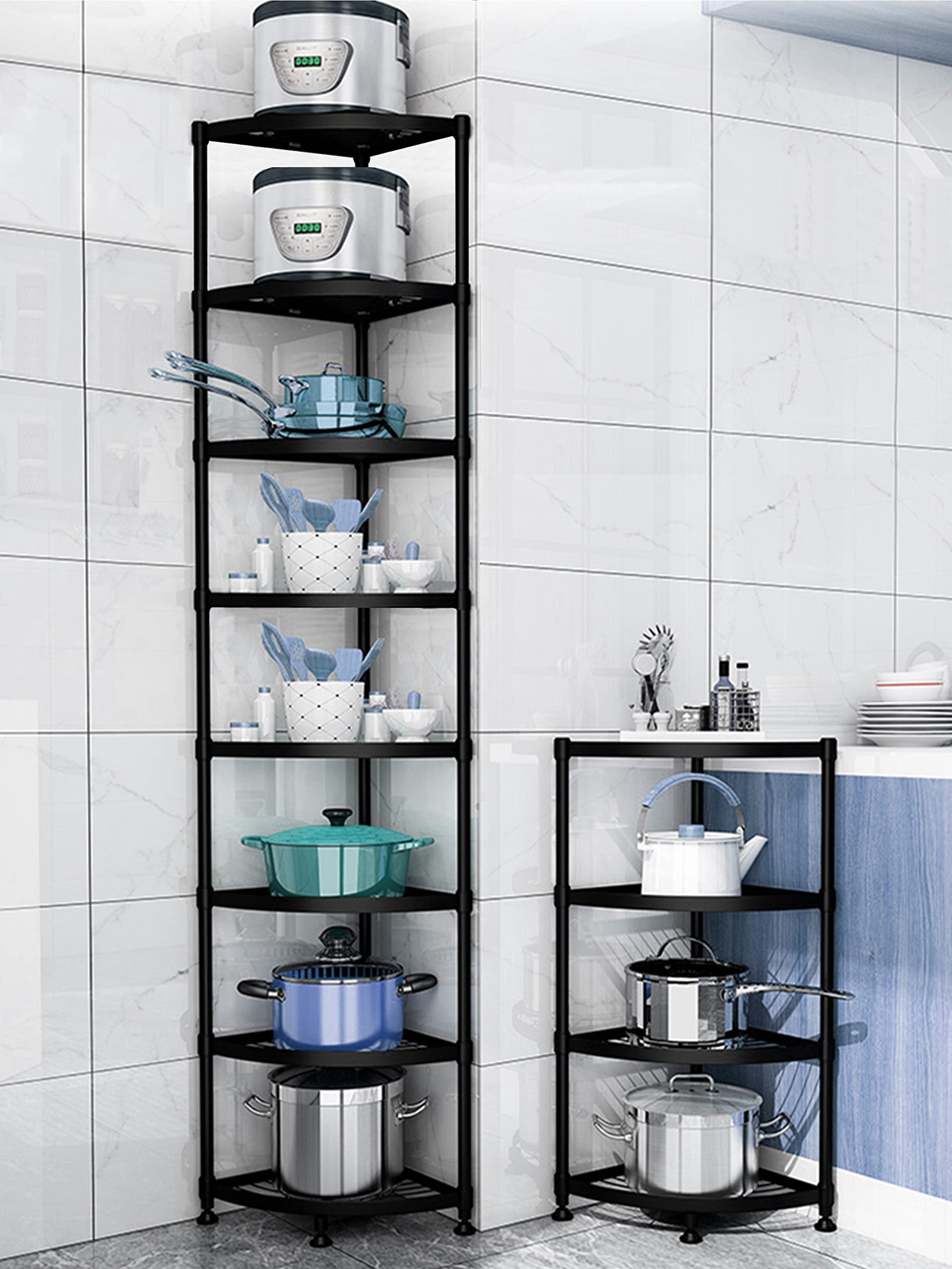8-Tier Metal Kitchen Corner Shelf Rack - Multi-Layer Pot Storage Organizer & Spice Holder for Pantry, Cabinet, Countertop Organization - Space Saving Solution for Small Kitchens