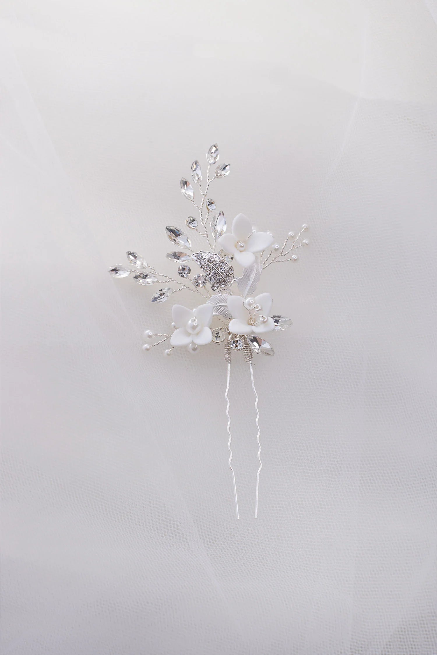 Lana Porcelain Flower Crystal Pearl Bridal Hair Pin - Elegant Wedding Hair Accessory for Brides, Bridesmaids & Special Occasions