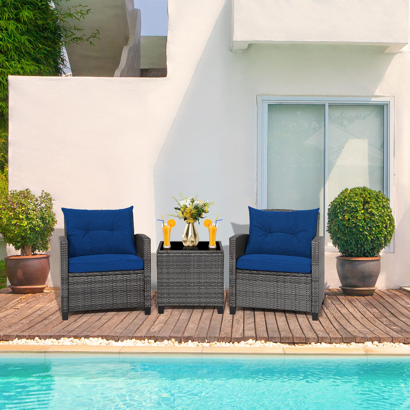 RELAX4LIFE 3-Piece Wicker Patio Furniture Set - Outdoor Rattan Sofa Conversation Set with Tempered Glass Table & Heavy-Duty Steel Frame - Navy Blue Wicker Chair Set for Poolside, Backyard, Garden, Patio & Outdoor Relaxation