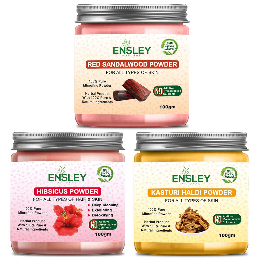 Ensley Face Pack with Red Sandalwood, Hibiscus & Kasturi Turmeric Powder - 300g (3x100g) for Glowing Skin | Ayurvedic Beauty Treatment for Acne, Dark Spots & Skin Brightening