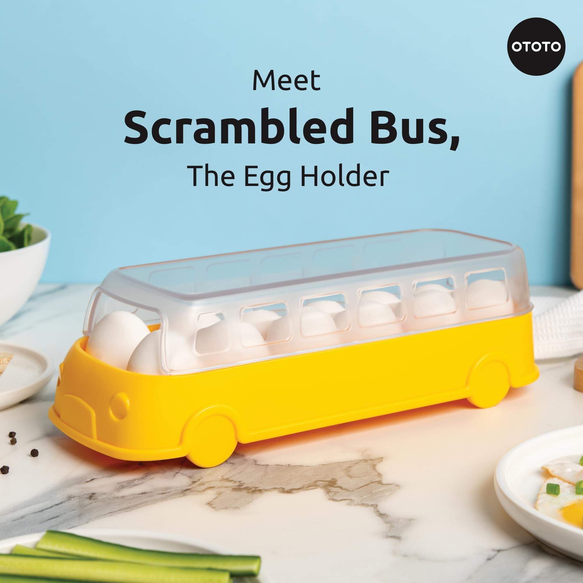 OTOTO Scrambled Bus 12 Egg Holder - Refrigerator Egg Storage Container, Cute Kitchen Organizer & Unique Cooking Gadget - Perfect for School Bus Themed Gifts, Breakfast Meal Prep & Fun Kitchen Decor