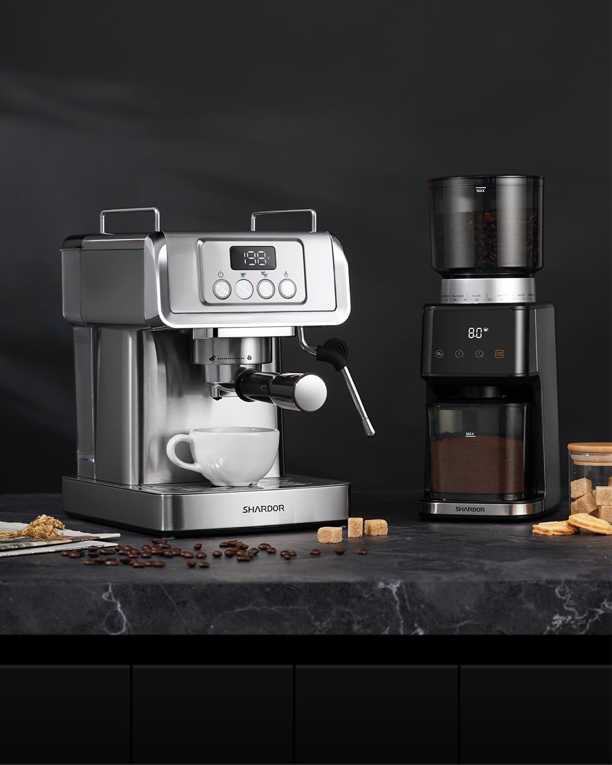 Premium SHARDOR Conical Burr Electric Coffee Grinder & 20 Bar Espresso Machine Bundle - Professional Espresso Maker with Built-in Grinder for Home Baristas & Coffee Lovers (Perfect for Kitchen, Office & Cafe Use)