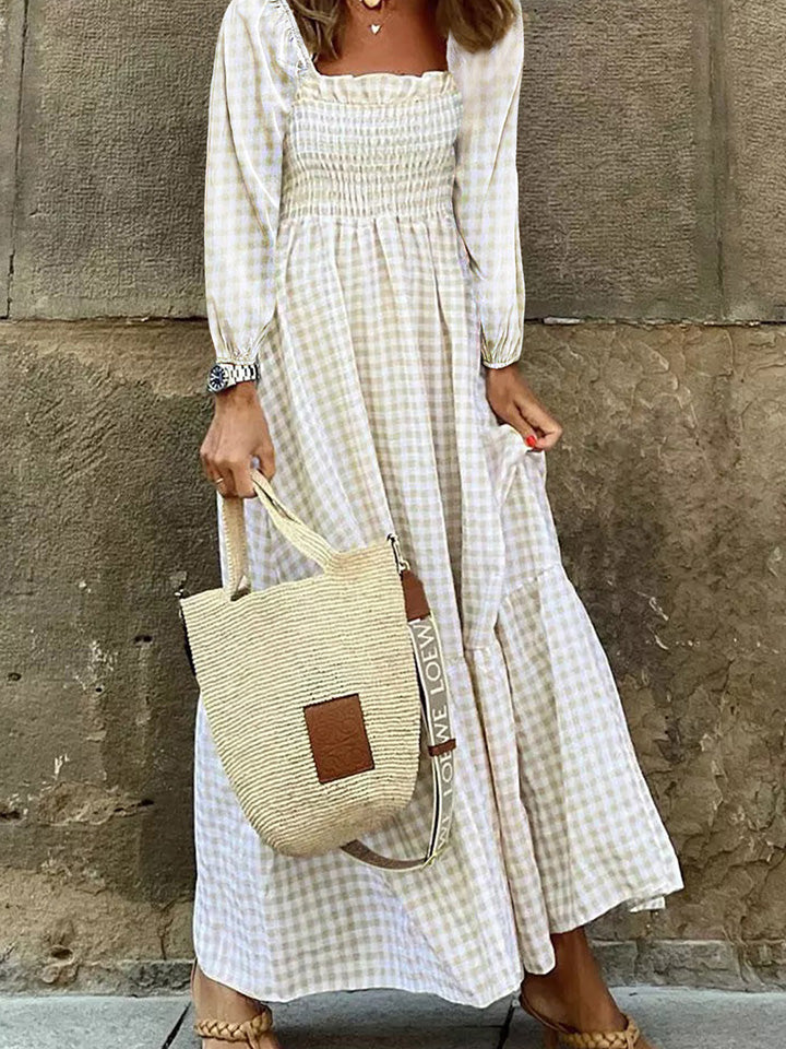 Elegant Smocked Square Neck Long Sleeve Dress for Women | Flowy Midi Dress with Ruffled Hem | Perfect for Weddings, Parties & Date Nights