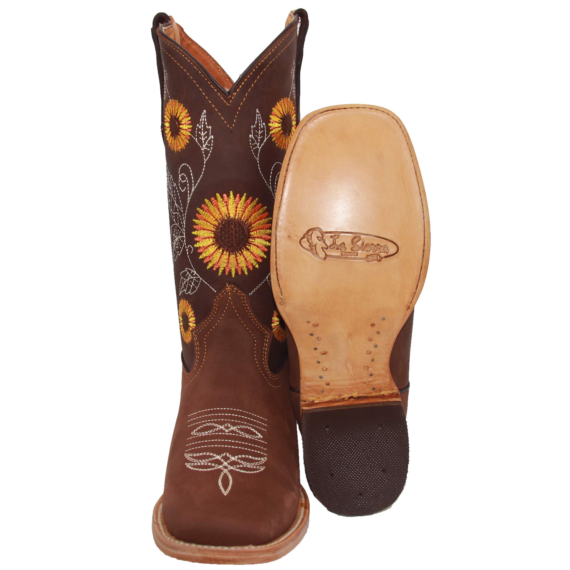 **Women's Western Cowboy Boots - Square Toe Leather Boots with Sunflower Embroidery | Comfortable & Stylish for Country Dancing, Rodeo, and Everyday Wear**