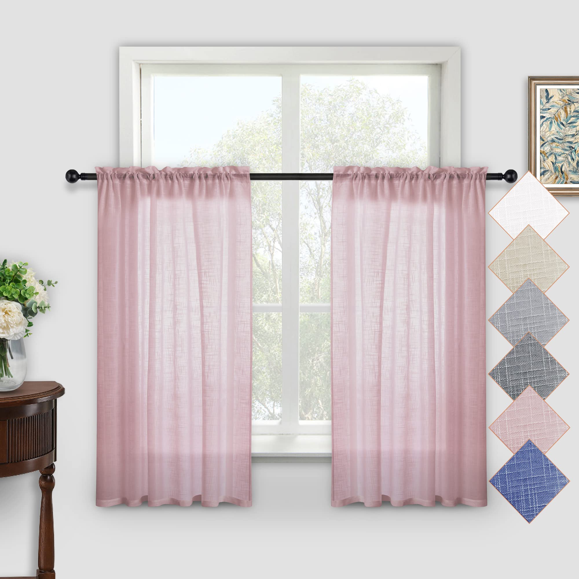 Kinryb Pink Sheer Curtains 52x36 Inches - Light Filtering Semi-Transparent Faux Linen Window Drapes with Rod Pocket, Soft Pink Kitchen Curtains for Small Windows (1 Pair) - Perfect for Bedroom, Living Room & Bathroom Privacy