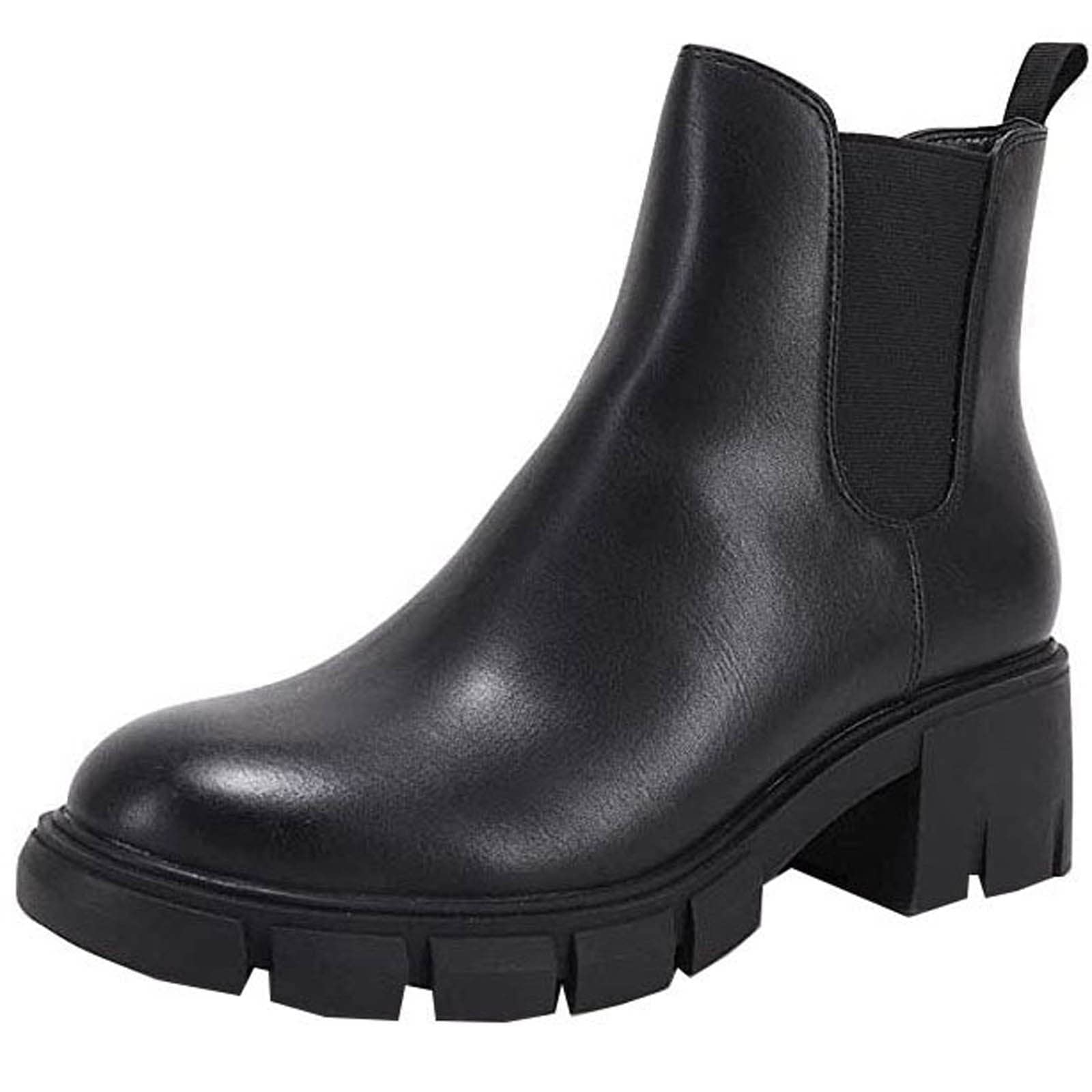 JJYY Women's Retro Chelsea Boots - Chunky Platform Ankle Boots with Round Toe & Block Heel | Leather & Stretch Fabric Patchwork Design | Slip-On Style for Autumn, Winter | Waterproof Snow Boots for Walking, Riding & Outdoor Activities