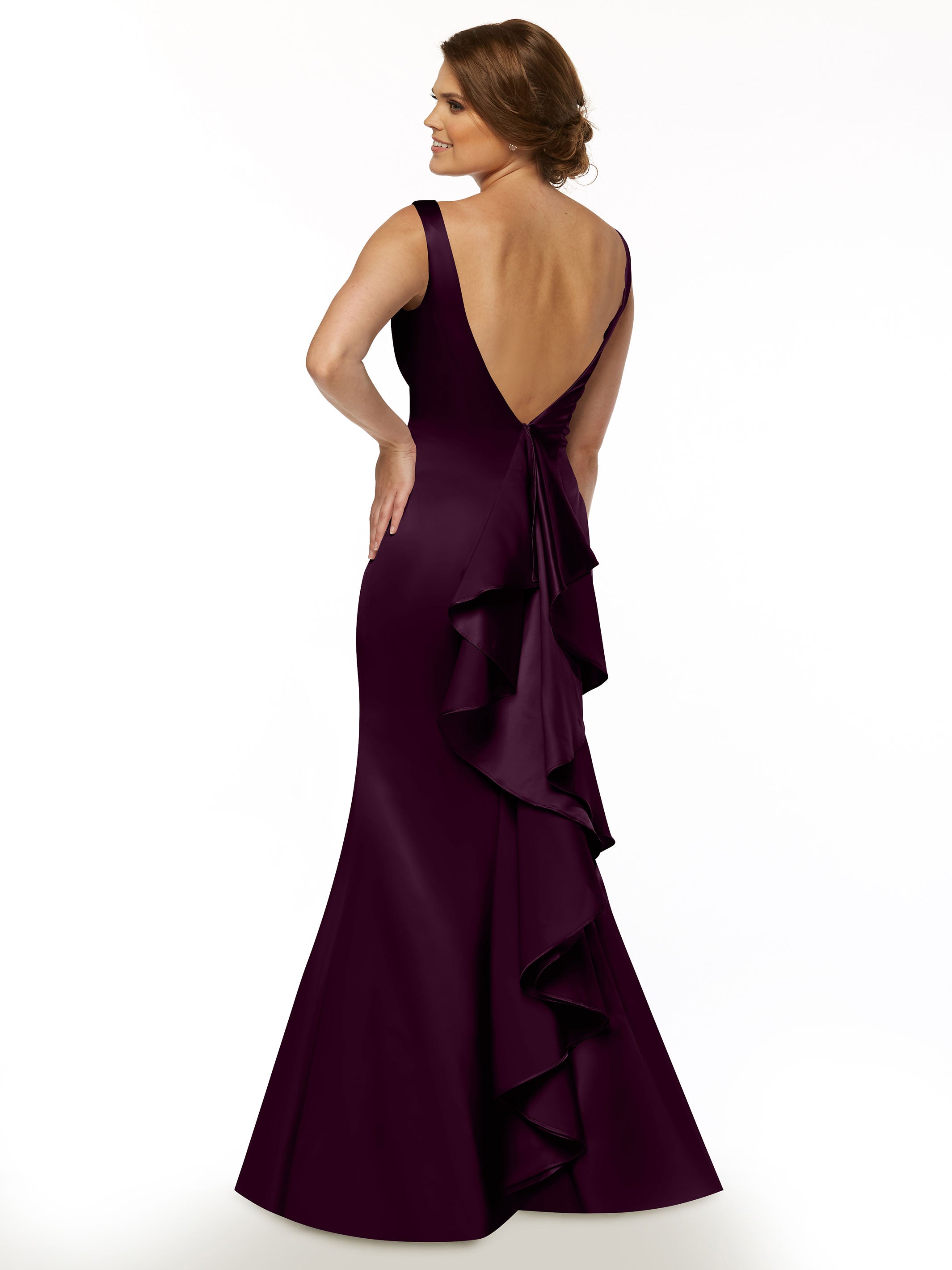 Elegant 80078 Fit and Flare Satin Bridesmaid Dress with V-Neckline & Ruffled Back - Perfect for Weddings, Proms, and Formal Events