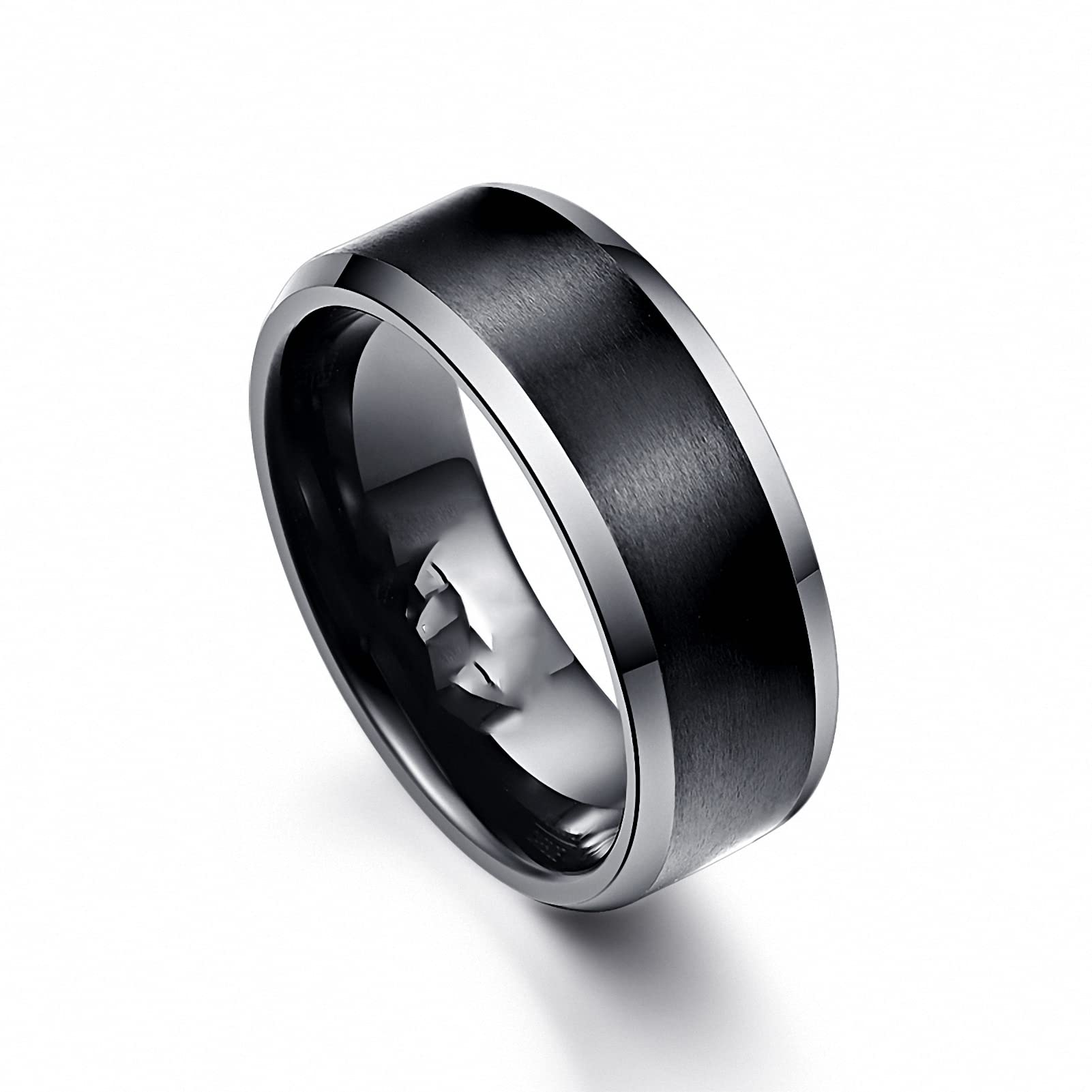 8mm Black Brushed Tungsten Wedding Band Ring for Men - Matte Finish, Polished Beveled Edge, Comfort Fit - Perfect for Weddings, Anniversaries & Everyday Wear