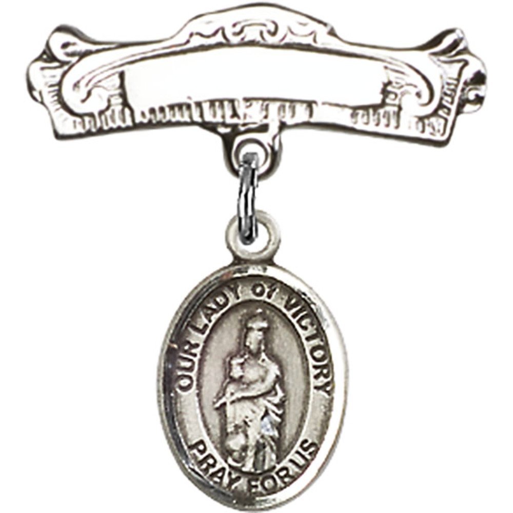 Sterling Silver Baby Badge with Our Lady of Victory Charm - 7/8 X 7/8 Inch Arched Polished Pin - Perfect for Baptism, Christening & First Communion Gifts