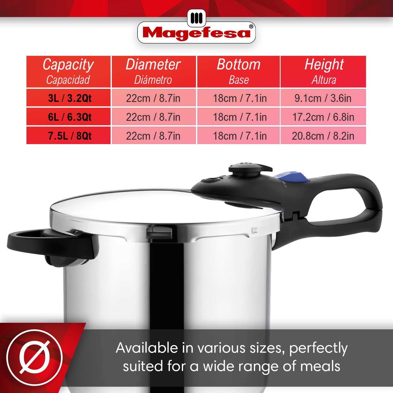MAGEFESA Favorit 6-in-1 Fast Pressure Cooker Set - 3.2 Qt & 6.3 Qt Stainless Steel Induction Cooker with Heat Diffuser & 5 Safety Systems - Includes Steam Basket, Lid & Recipe Book - Perfect for Quick Meals, Soups & Family Cooking
