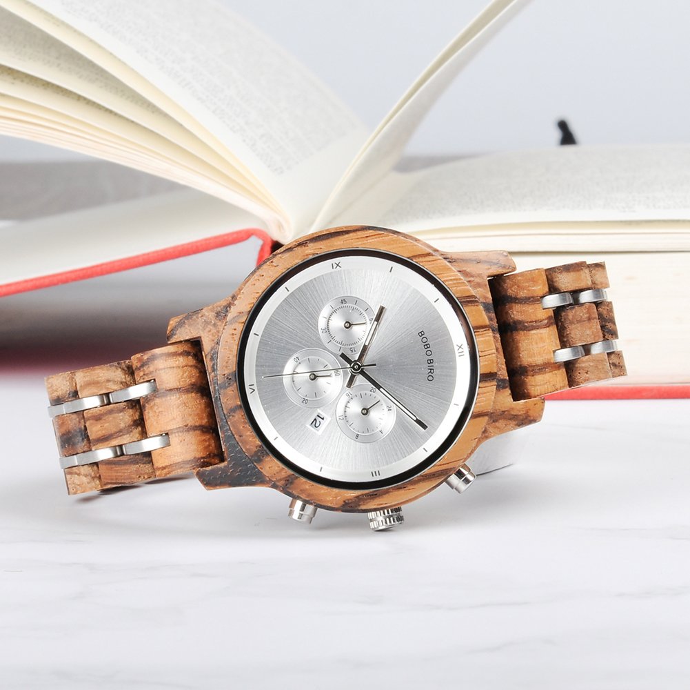 BOBO BIRD Women's Wooden Watch - Luxury Zebra Wood & Metal Strap Chronograph with Date Display - Quartz Fashion Watch for Casual & Business Wear - Perfect for Office, Dating, and Everyday Use