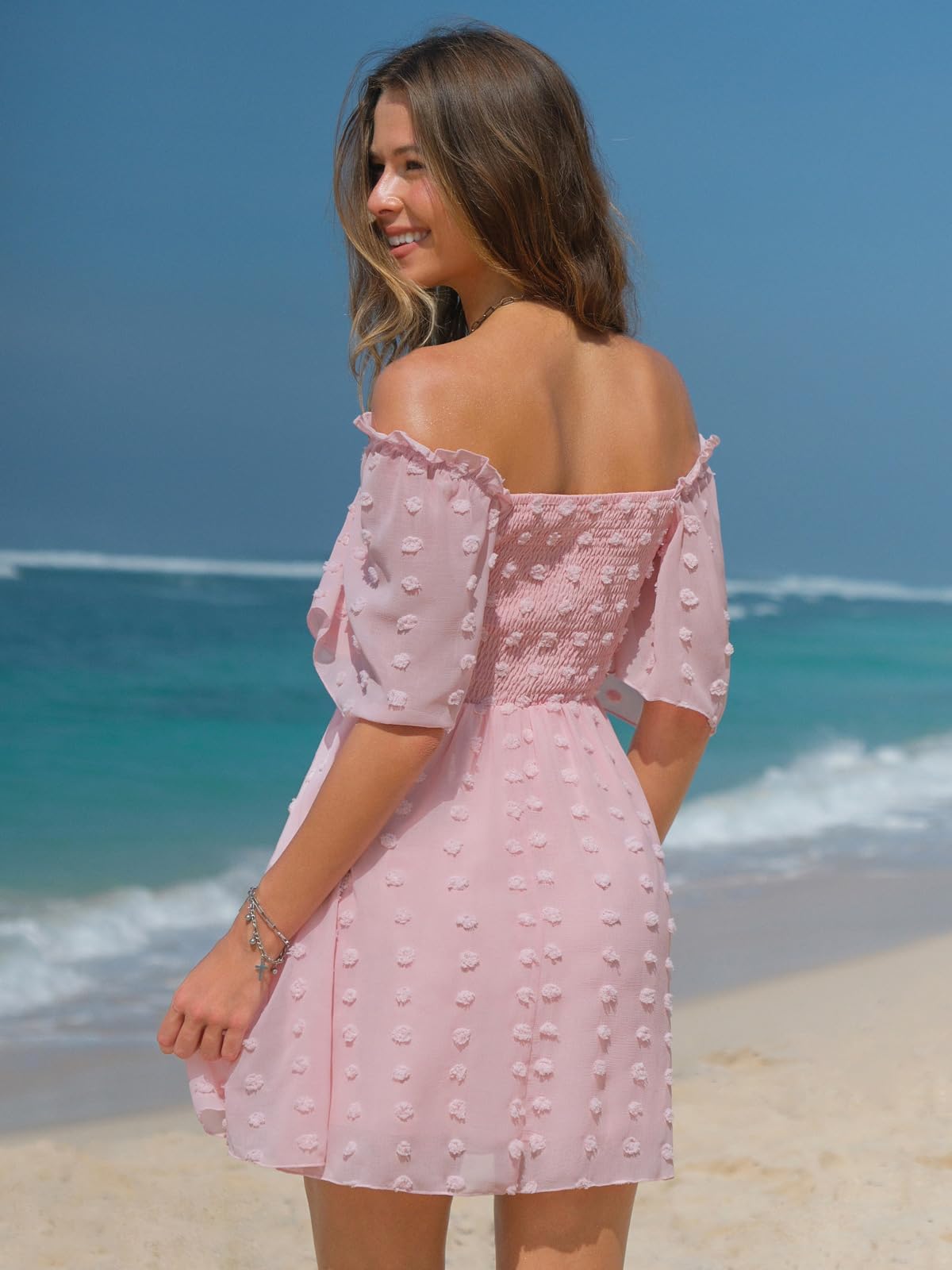 EXLURA Women's Summer 2025 Casual Square Neck Ruffle Sleeve Swiss Dot Flowy Mini Dress - Perfect for Beach Vacations, Date Nights & Summer Parties