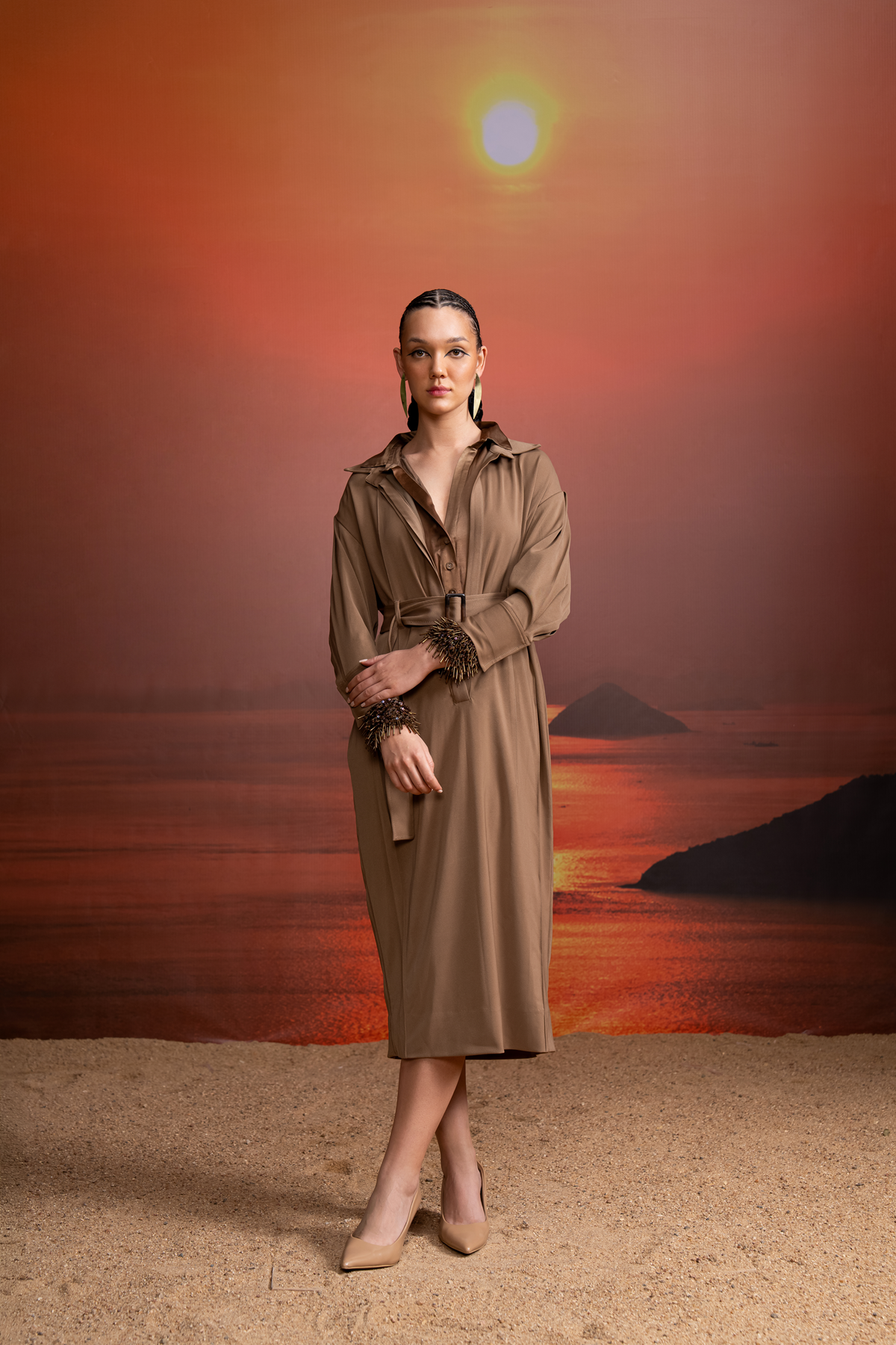 Elegant Beige Shirt Dress with Adjustable Belt & Beaded Spiked Cuff Inner Dress - Perfect for Office Wear, Date Nights and Special Occasions