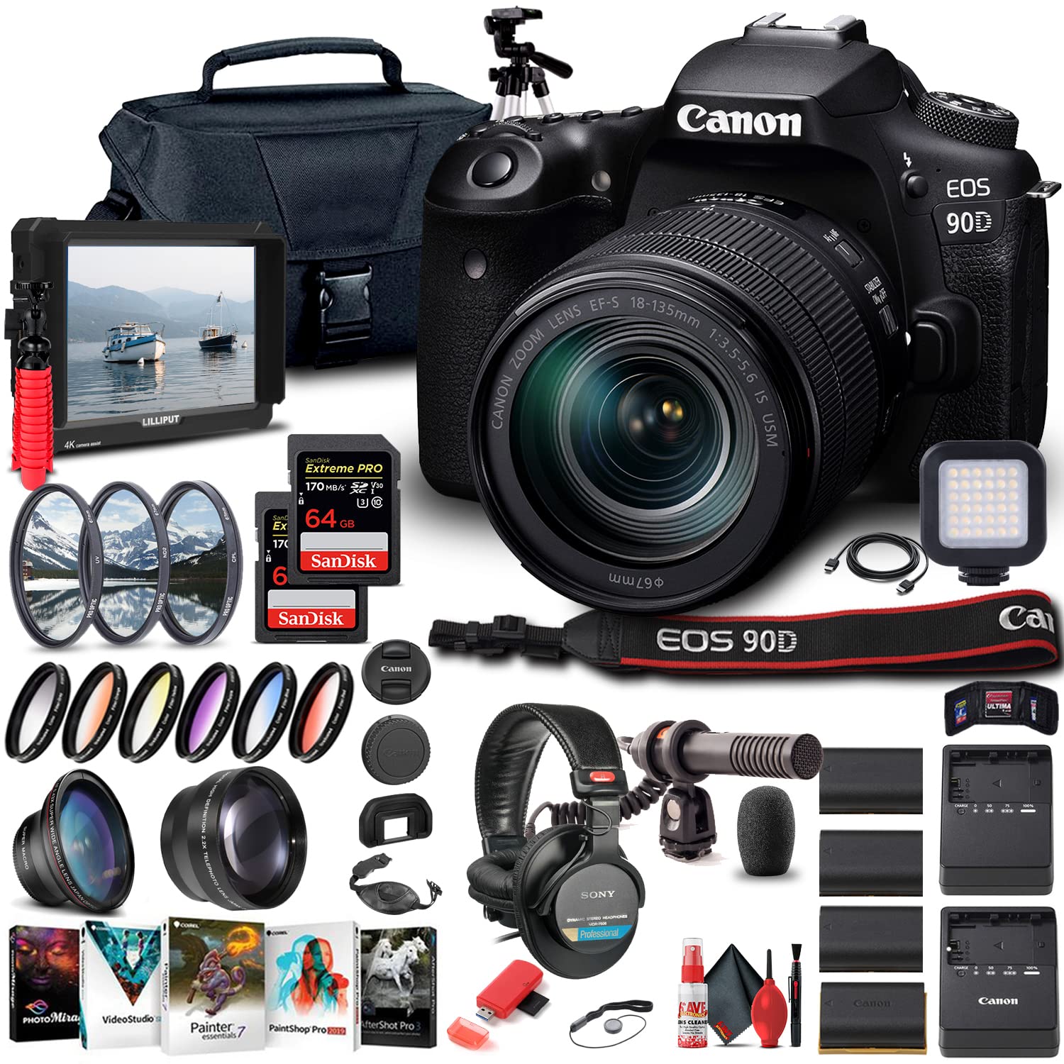 Canon EOS 90D DSLR Camera Bundle with 18-135mm Lens (Renewed) - 4K Video, Pro Audio Kit, 128GB Memory, Tripod & Corel Software - Perfect for Vlogging, Travel Photography & YouTube Content Creation