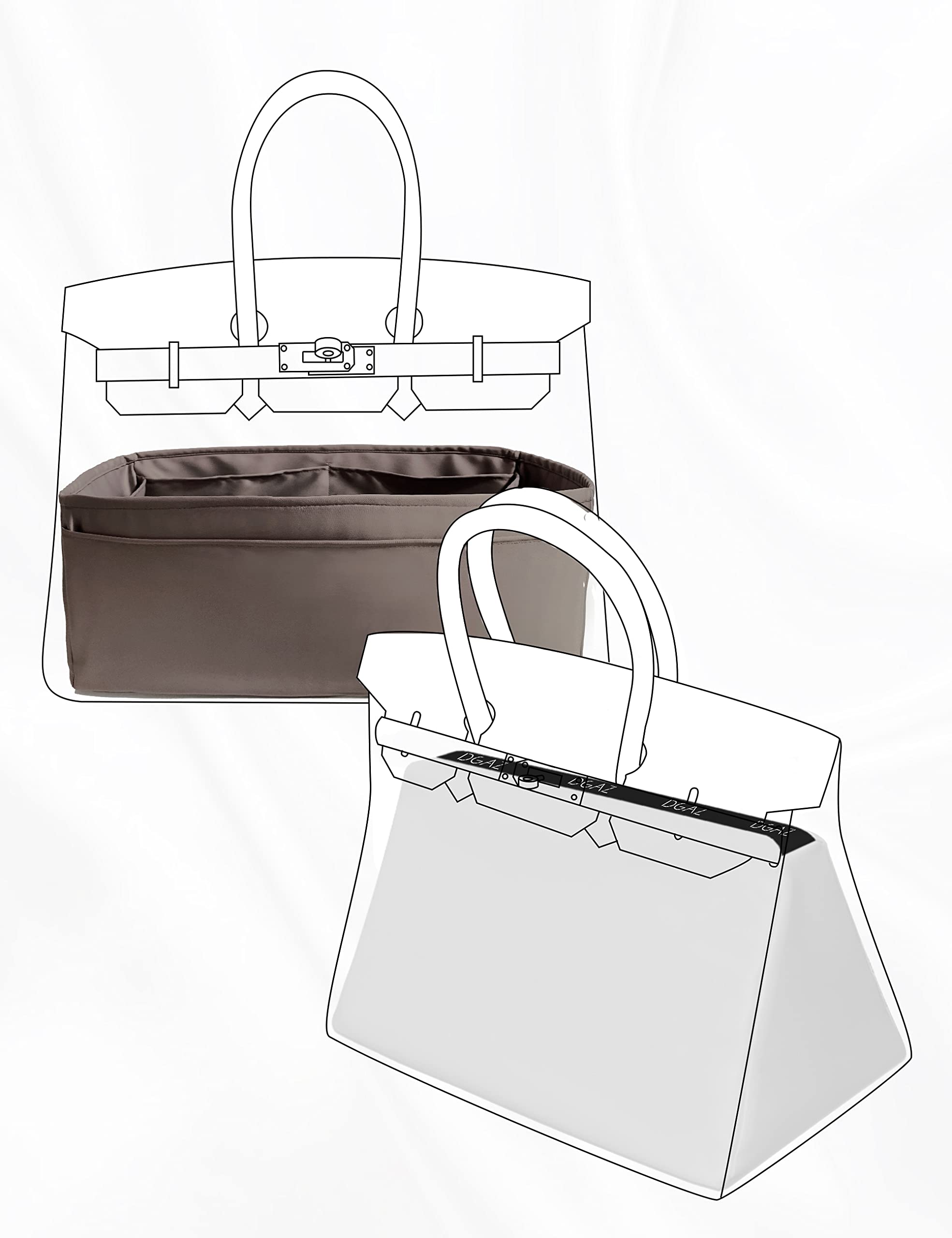 Premium DGAZ Purse Organizer in Etoupe Grey & Purse Pillow Shaper in White - Perfect Fit for Birkin 25 | Luxury Silk Handbag Insert for Organization & Shape Protection | Ideal for Designer Bag Storage & Travel