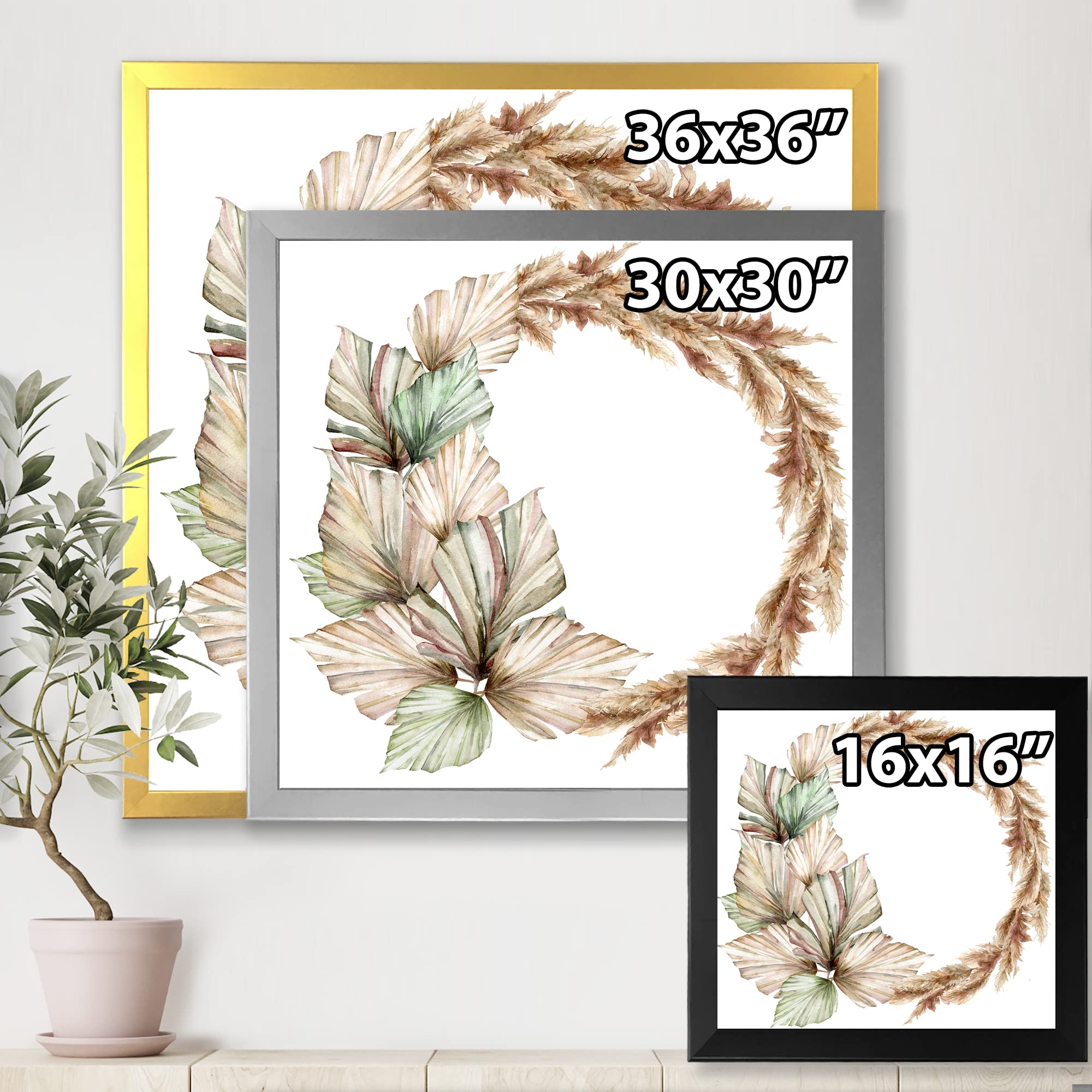 Elegant Dry Palm Leaves and Pampas Grass Wreath - Traditional Framed Wall Decor for Home, Wedding, or Boho Chic Interior Design