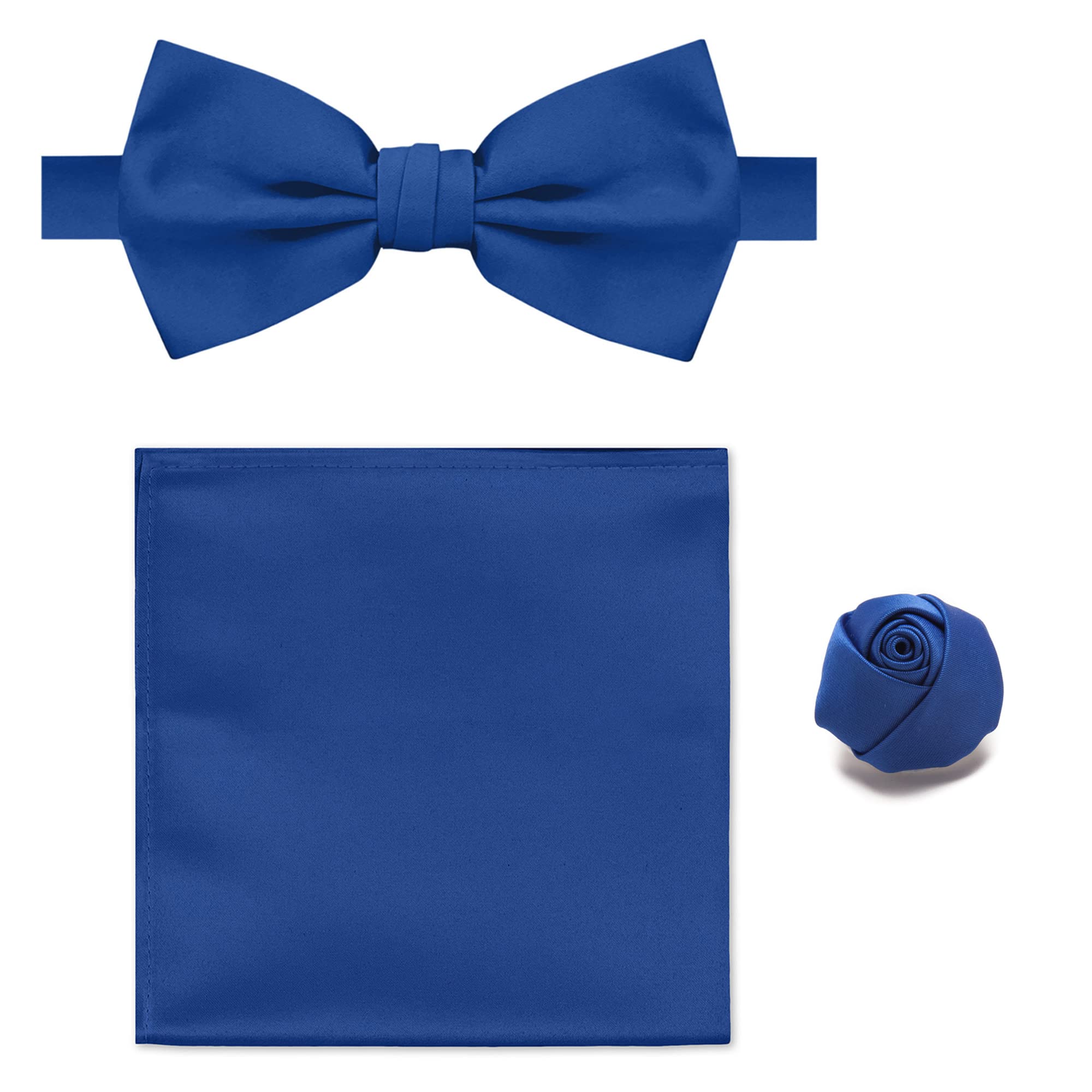 Elegant Pretied Banded Bowtie & Hanky Rose Lapel Flower 3-Piece Set for Weddings, Prom & Formal Events - Stylish Men's Accessories