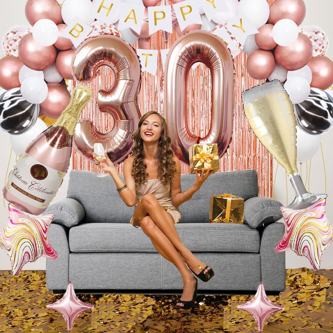 Rose Gold 30th Birthday Party Decorations for Women - Happy Birthday Banner, Cake Topper, Foil Balloons & Sash - 30 Birthday Party Supplies for Her - Perfect for Milestone Celebrations, Girls' Thirty Birthday Parties & Special Occasions