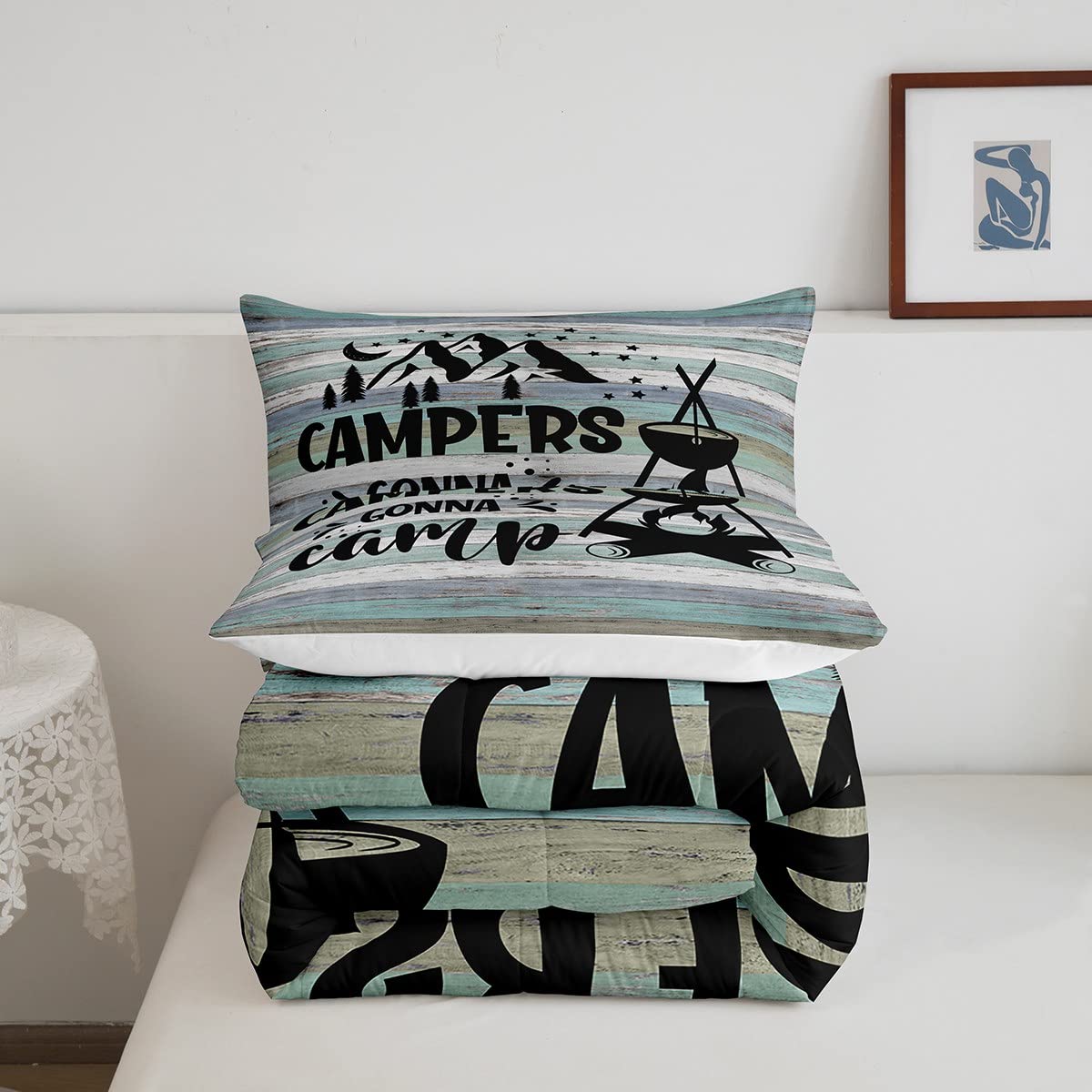 Erosebridal Happy Camping Comforter Set for Teens - Twin Size Camper Bedding with Sketch Drawing Design, Rustic Farmhouse Quilted Duvet Cover (2Pcs) - Perfect for Kids & Teens Bedroom Decor, Camping Themed Room Makeover