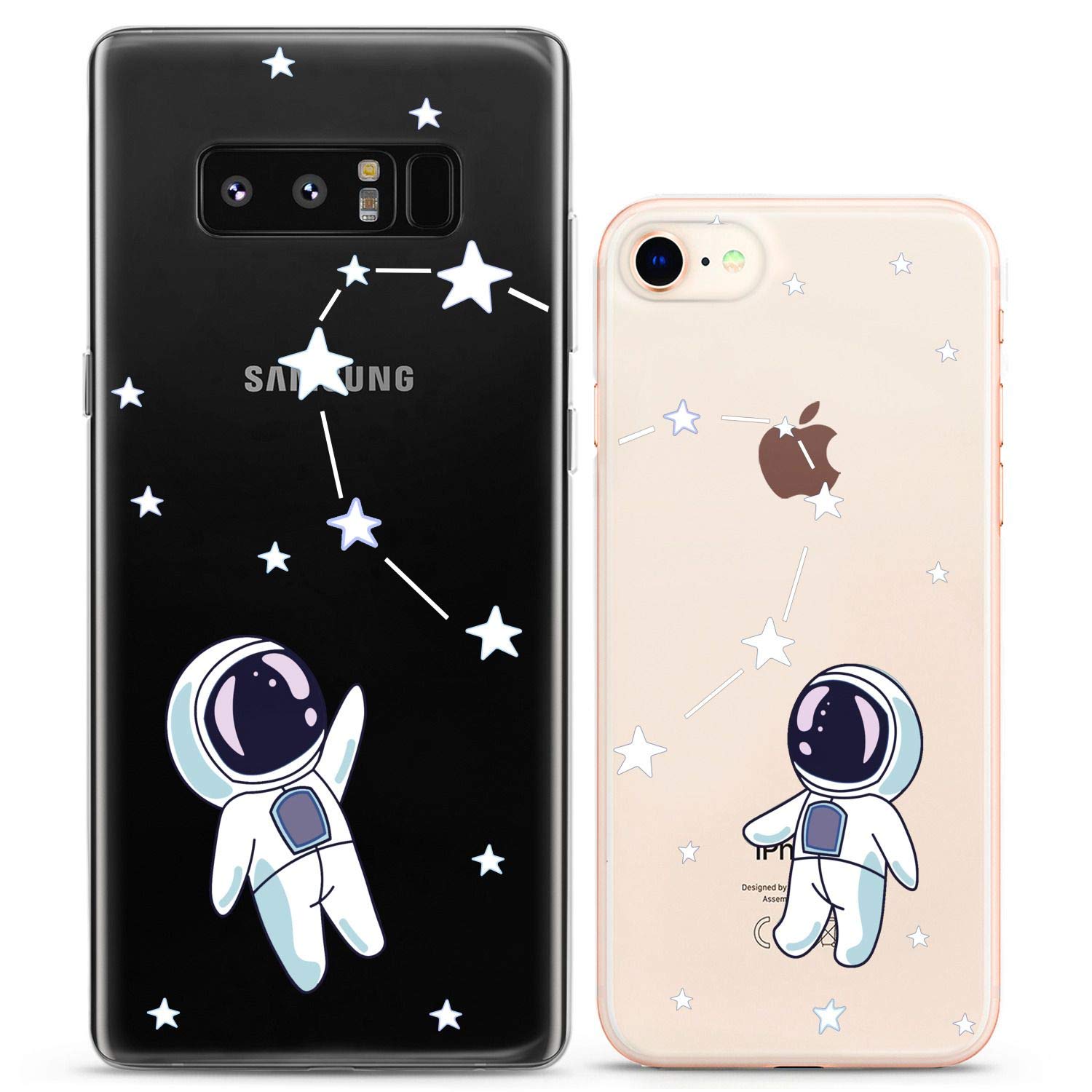 Matching Couple Phone Cases for iPhone 16/15/14/13/12/11 Pro Max/Mini/Xs/X/8 Plus/7/Xr/SE - Cute Astronaut & Constellation Print Slim Flexible Clear Cover - Perfect for Couples, Friends & Space Lovers (Gift Idea for Anniversary, Valentine's Day)