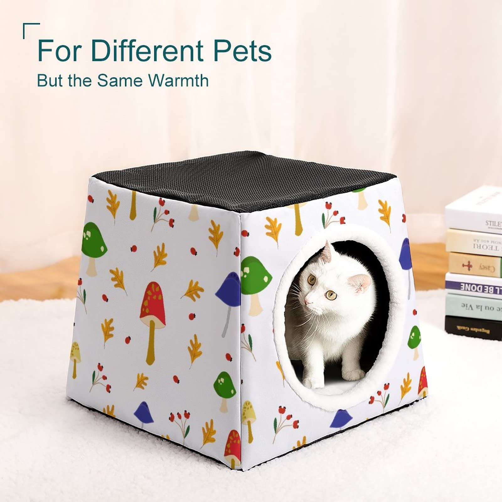 Cozy Printed Cat Cube Bed - Indoor Cat House with Soft Pillow for Kittens & Small Dogs - Mushroom Design Pet Sofa for Living Room & Bedroom