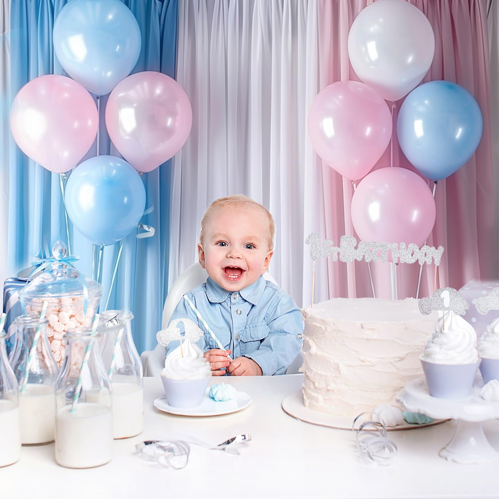 10x7ft Wrinkle-Free Polyester Photo Backdrop Curtain - Blue Pink White Gender Reveal & Baby Shower Decor - 5-Panel Wedding Party Background for Photography, Events & Celebrations
