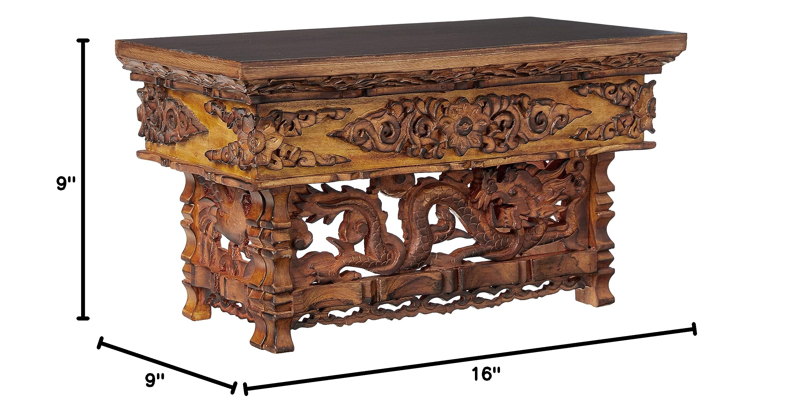 Fair Trade Small Wooden Altar Table - Handcrafted Meditation & Puja Table for Wiccan, Buddhist, and Japanese Tea Ceremonies - Low Side Dragon Design - Perfect for Home Shrines, Yoga Studios & Spiritual Spaces