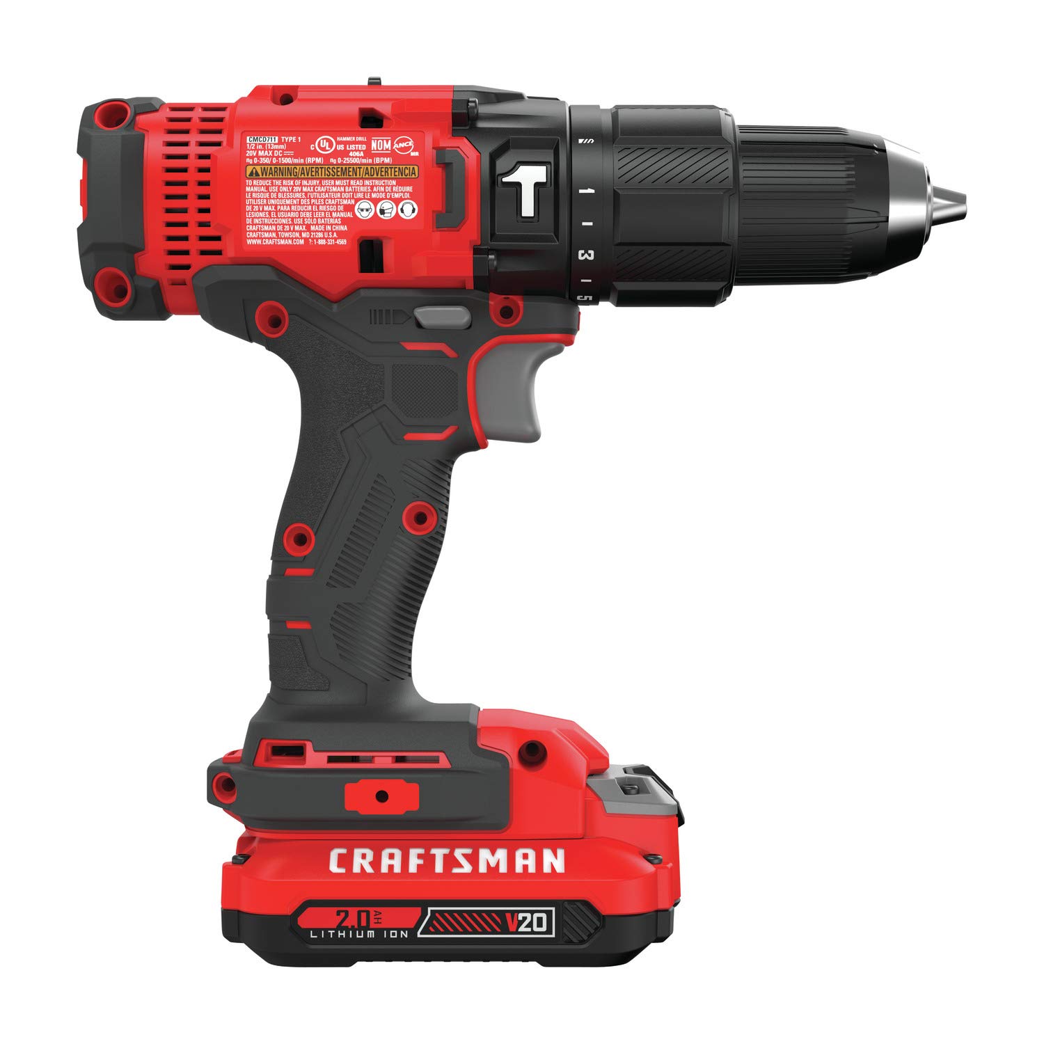 CRAFTSMAN V20 Cordless Hammer Drill Kit with 2 Batteries & Charger, 1/2 Inch Chuck, 20V Lithium-Ion Power Tool (CMCD711C2) - Perfect for DIY Projects, Home Repairs, and Professional Construction Work