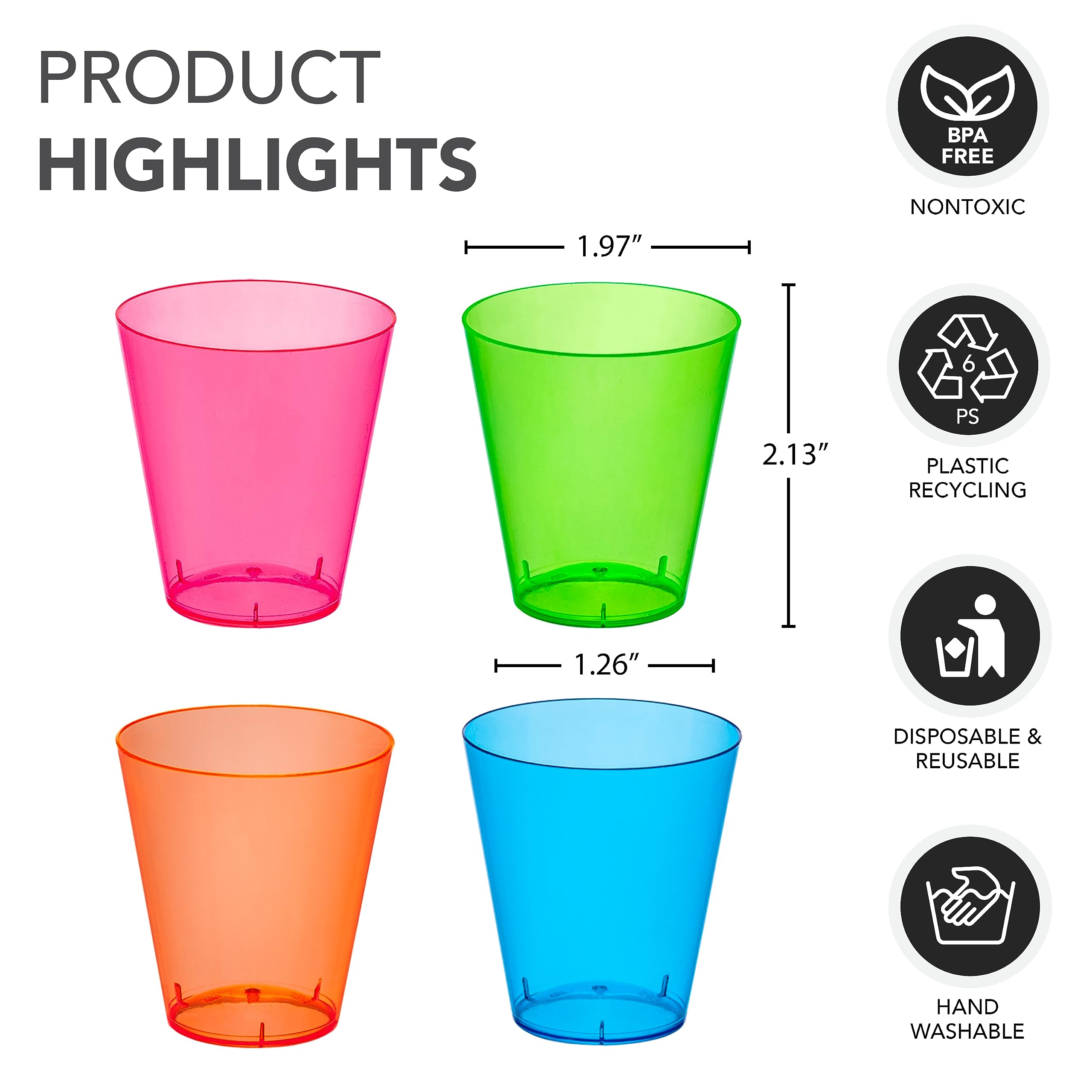 1200-Pack Neon Hard Plastic 2 oz Shot Glasses - Party Essentials N212009 for Bars, Weddings & College Events - Bulk Disposable Drinking Cups for Cocktails, Shots & Mixed Drinks