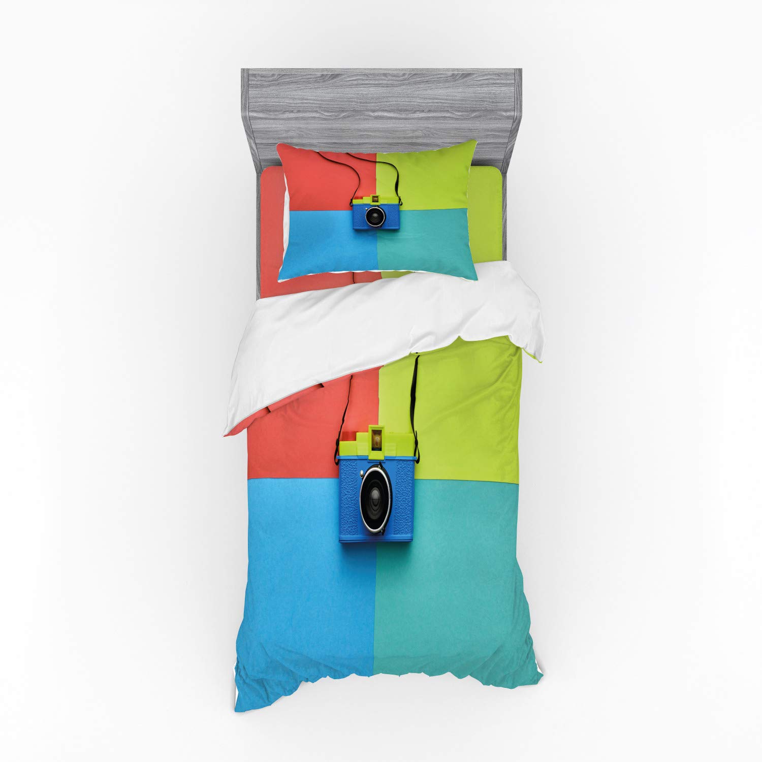 Ambesonne Pastel Duvet Cover Set - Retro Film Camera Design on Colorful Backdrop, 3-Piece Twin Size Bedding Set with Pillow Sham & Fitted Sheet | Vintage Hipster Decor for Urban Bedroom & Teen Room