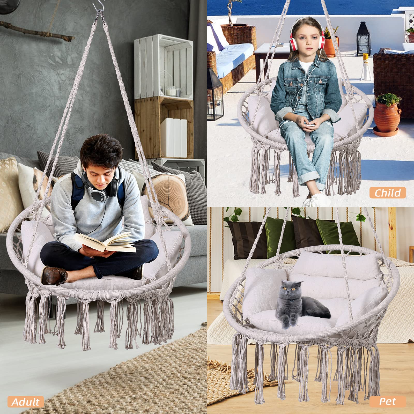 Goutime Macrame Hanging Swing Chair with Cushion & Hardware Kit - Outdoor Hammock Chair for Patio, Balcony, Bedroom - Comfortable Adult Swing Seat (Gray) - Perfect for Relaxing, Reading & Lounging