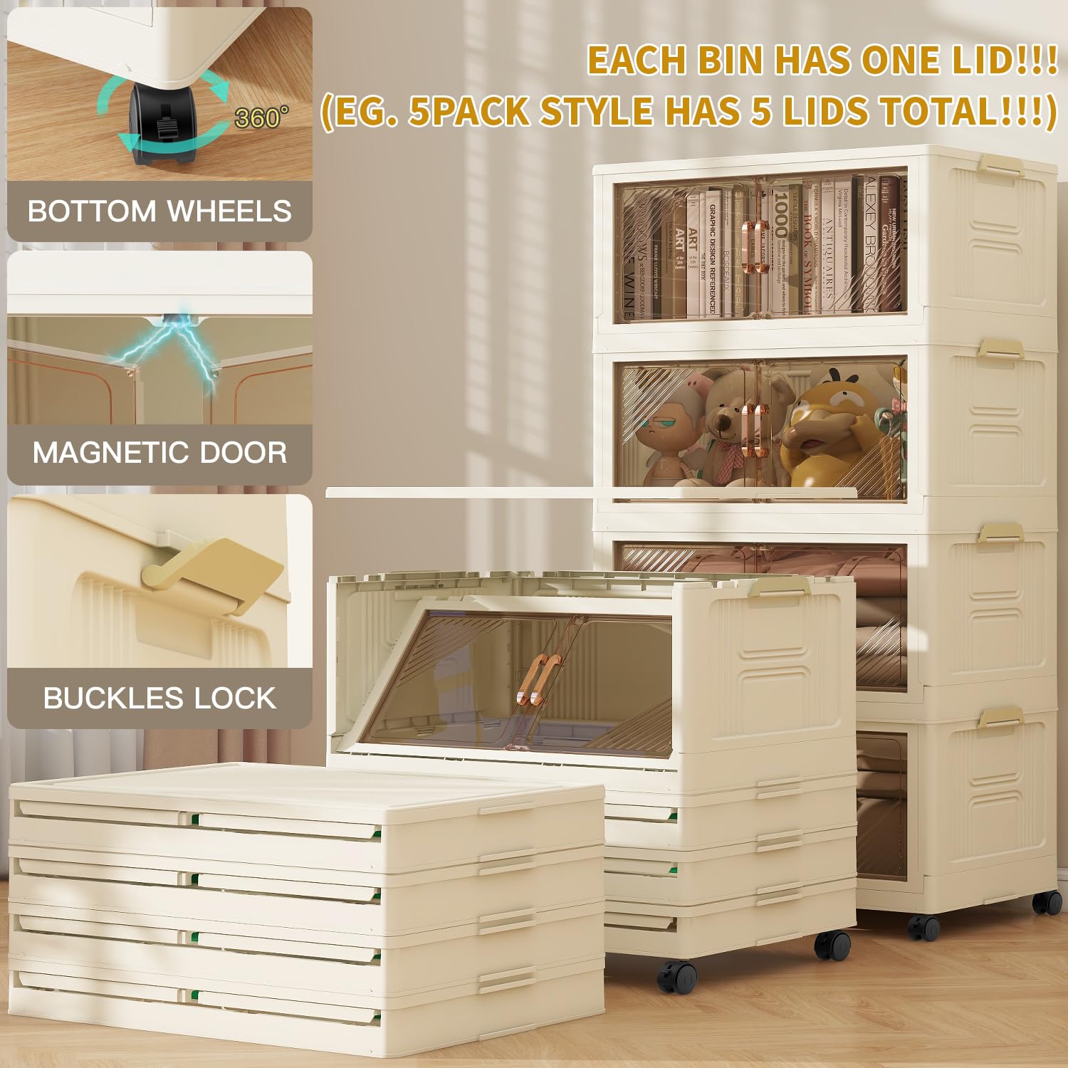3-Pack 23 Gallon Collapsible Storage Bins with Wheels & Lids - Stackable Home & Office Organizers for Closet, Garage, Laundry Room Storage Solutions
