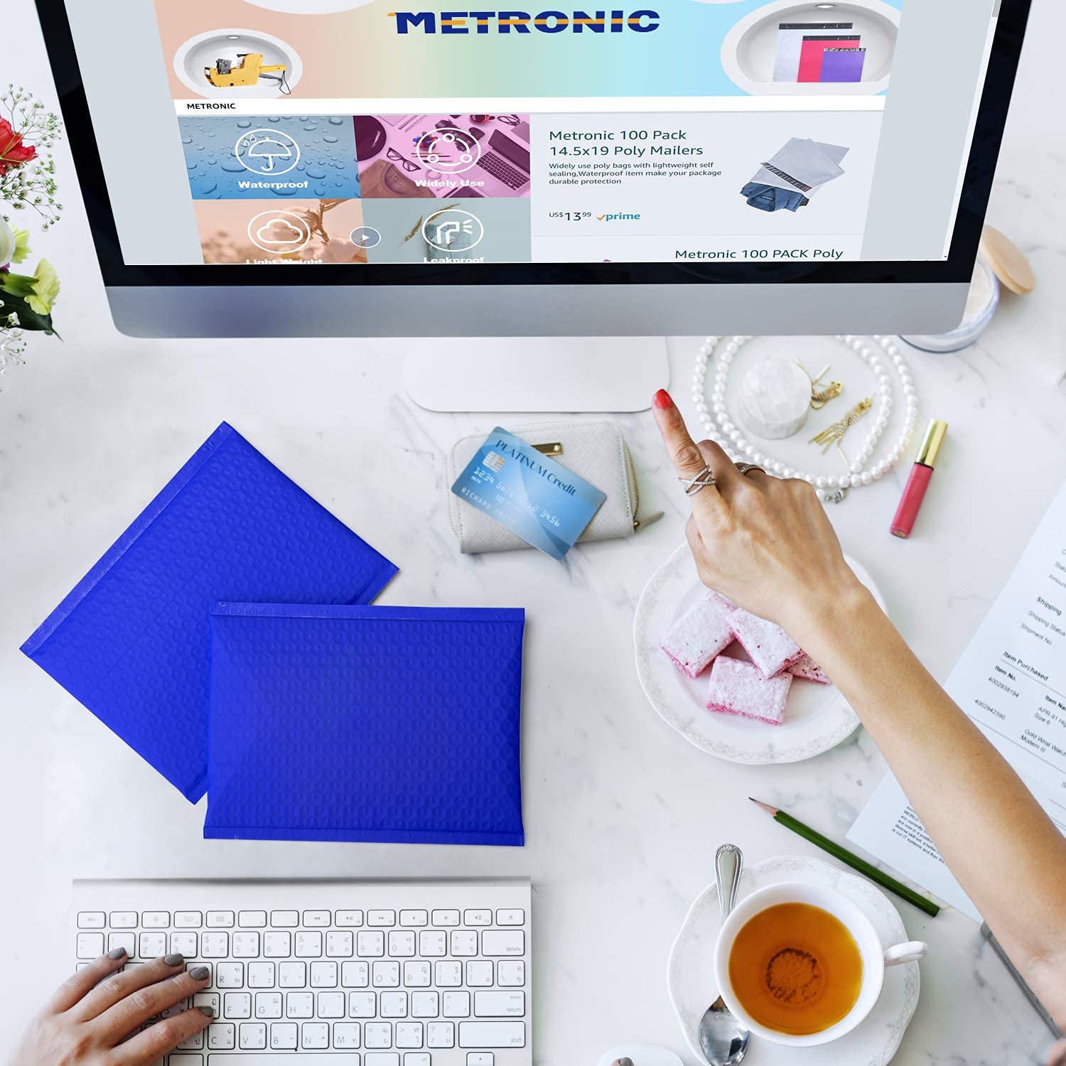Metronic 8.5x12 Inch Blue Bubble Mailers - 250 Pack Bulk Poly Bubble Shipping Envelopes | Self-Seal Padded Packaging Bags for Small Business & Boutique | Perfect for Ecommerce, Amazon FBA, eBay & USPS Shipments