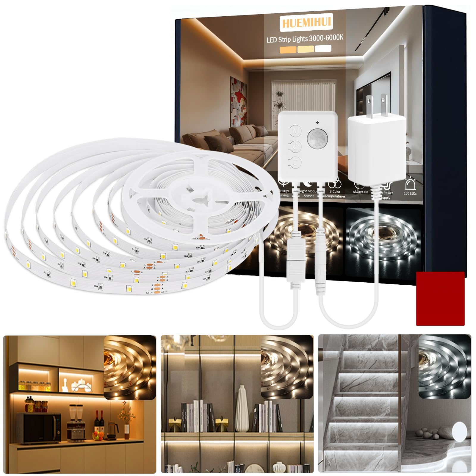 Motion Sensor LED Strip Lights 16.4Ft - Under Bed Lighting with Always On & Night Modes, Flexible Cuttable 3000K-6000K Warm to Cool White - 12V Plug-in Rope Lights for Cabinets, Stairs, Closets (Ideal for Nighttime Safety & Home Decor)