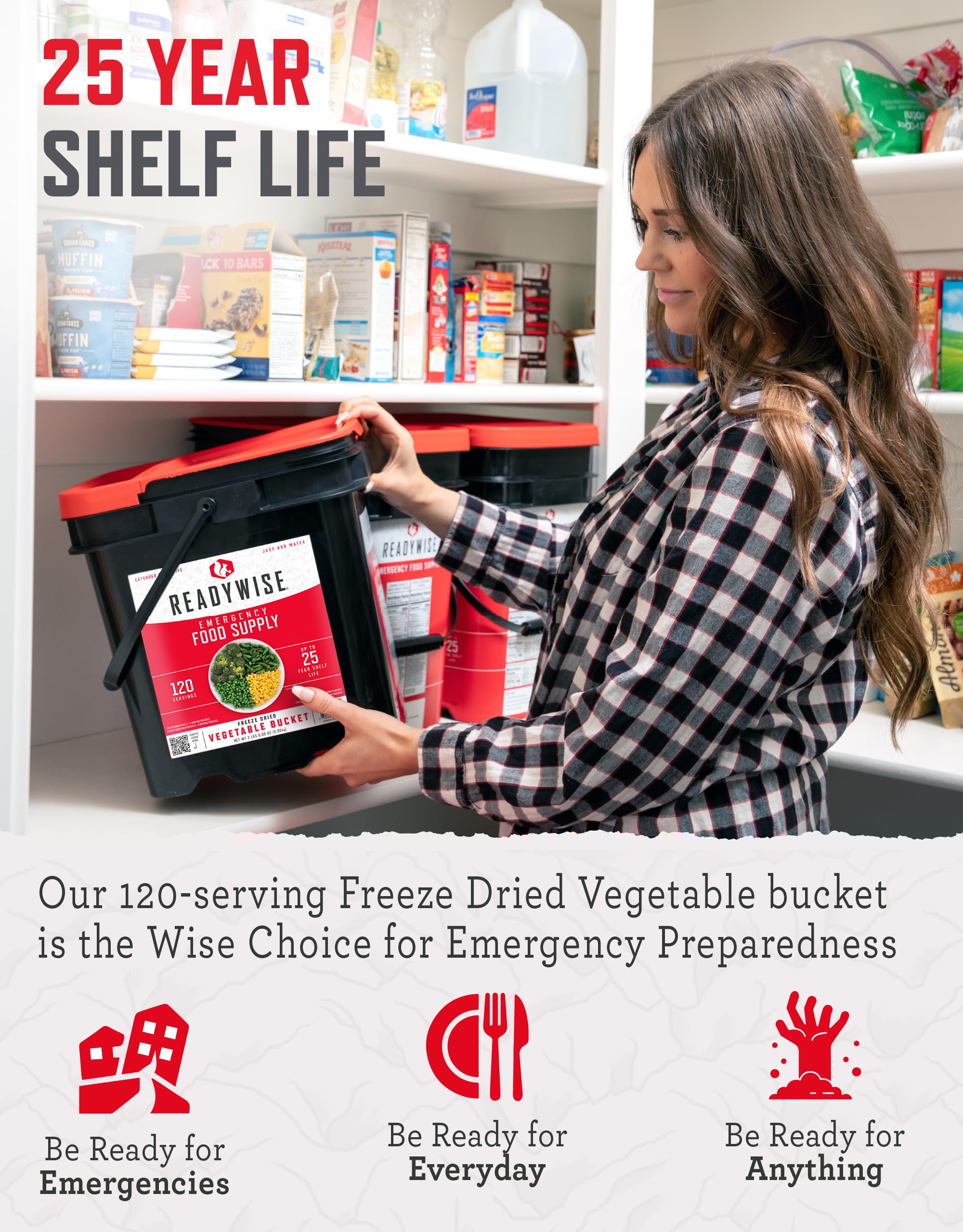 ReadyWise 120-Serving Freeze-Dried Vegetable Bucket - Broccoli, Sweet Corn, Green Beans, Peas | 20-Year Shelf Life | Emergency Food Supply for Camping, Hiking & Disaster Preparedness