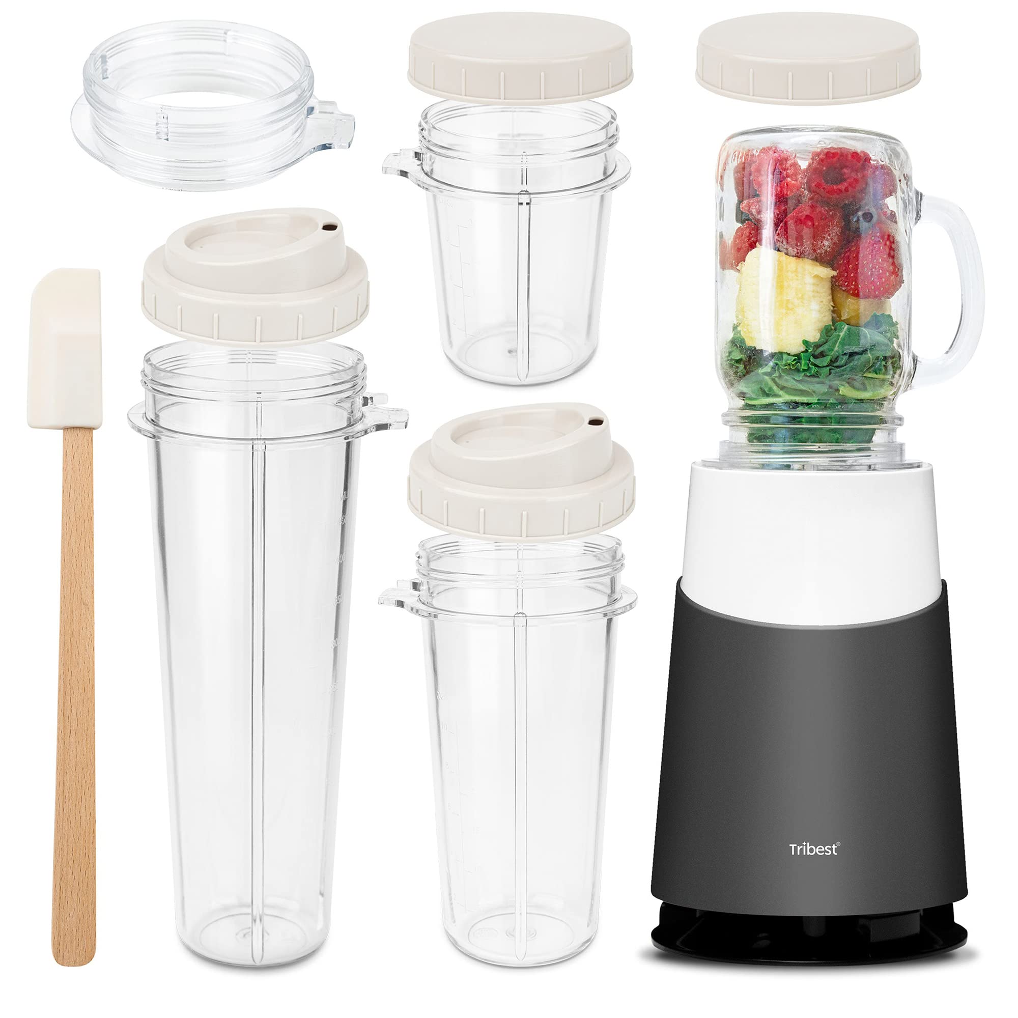 Tribest II Ready Personal Blender with Mason Jar Mug - 500W Powerful Countertop Blender for Smoothies, Protein Shakes & Meal Prep - Compact Gray Blender for Home, Office & Gym Use