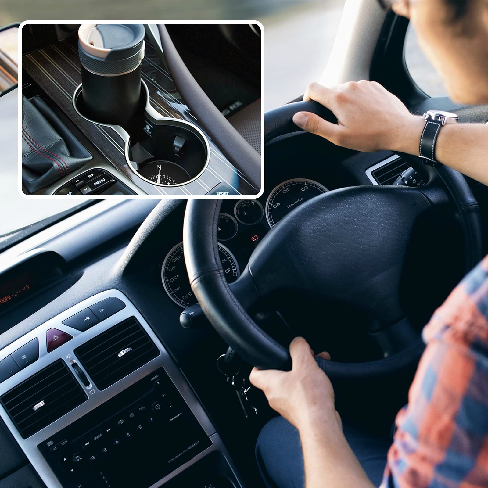 Nautical Compass Car Coaster 2 Pack - Absorbent Ceramic Cup Holder Coaster for Cars, Perfect for Men & Women - Cute Car Accessories (2.56 Inch) - Ideal for Road Trips, Commuting & Preventing Drink Stains