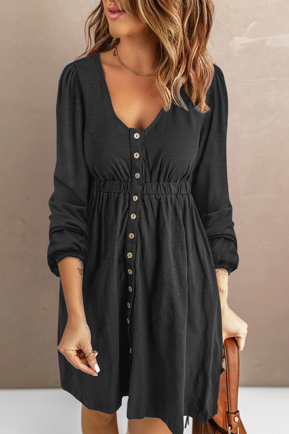 Elegant Scoop Neck Empire Waist Long Sleeve Mini Dress for Women - Perfect for Cocktail Parties, Date Nights & Special Occasions