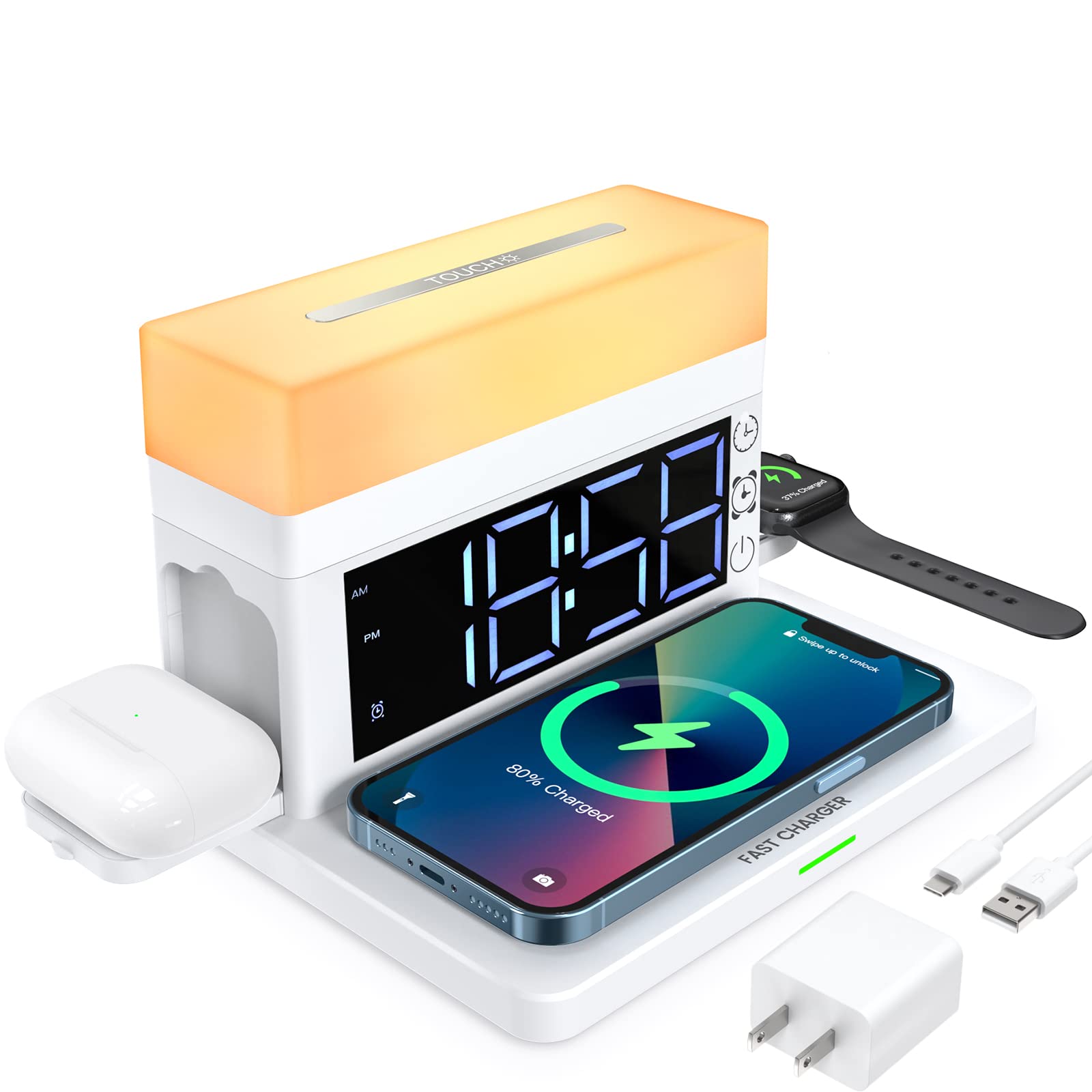 3-in-1 Wireless Charging Station for iPhone, Apple Watch & AirPods - Fast Charger Dock with LED Digital Clock & Touch Night Light - Multi-Device Desktop Organizer (Perfect for Bedside, Office & Travel)