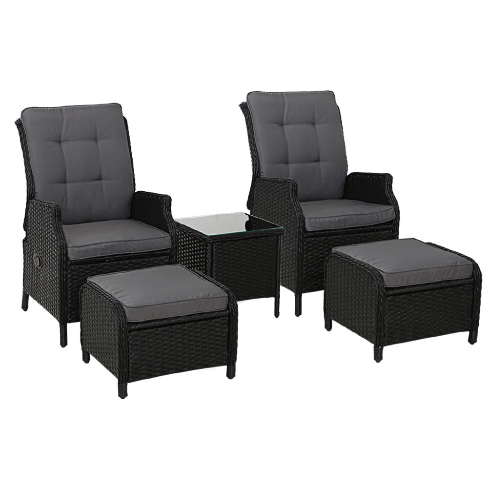 5-Piece Ella Outdoor Recliner Chair Set with Ottoman and Table - Black Patio Furniture for Backyard, Poolside & Garden Relaxation