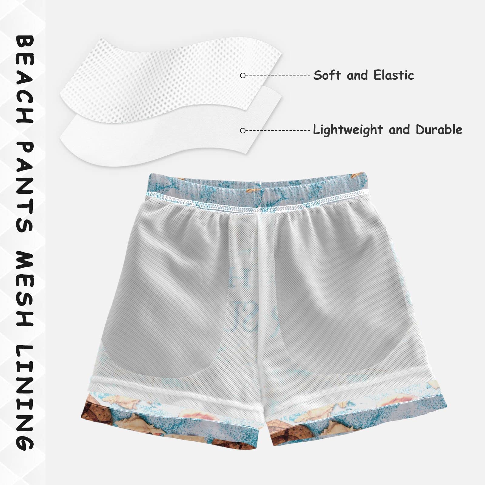 Quick Dry Boys Swim Trunks for Teens & Toddlers - Hello Summer Starfish Seashells Design | Beach, Pool & Water Play Outfit