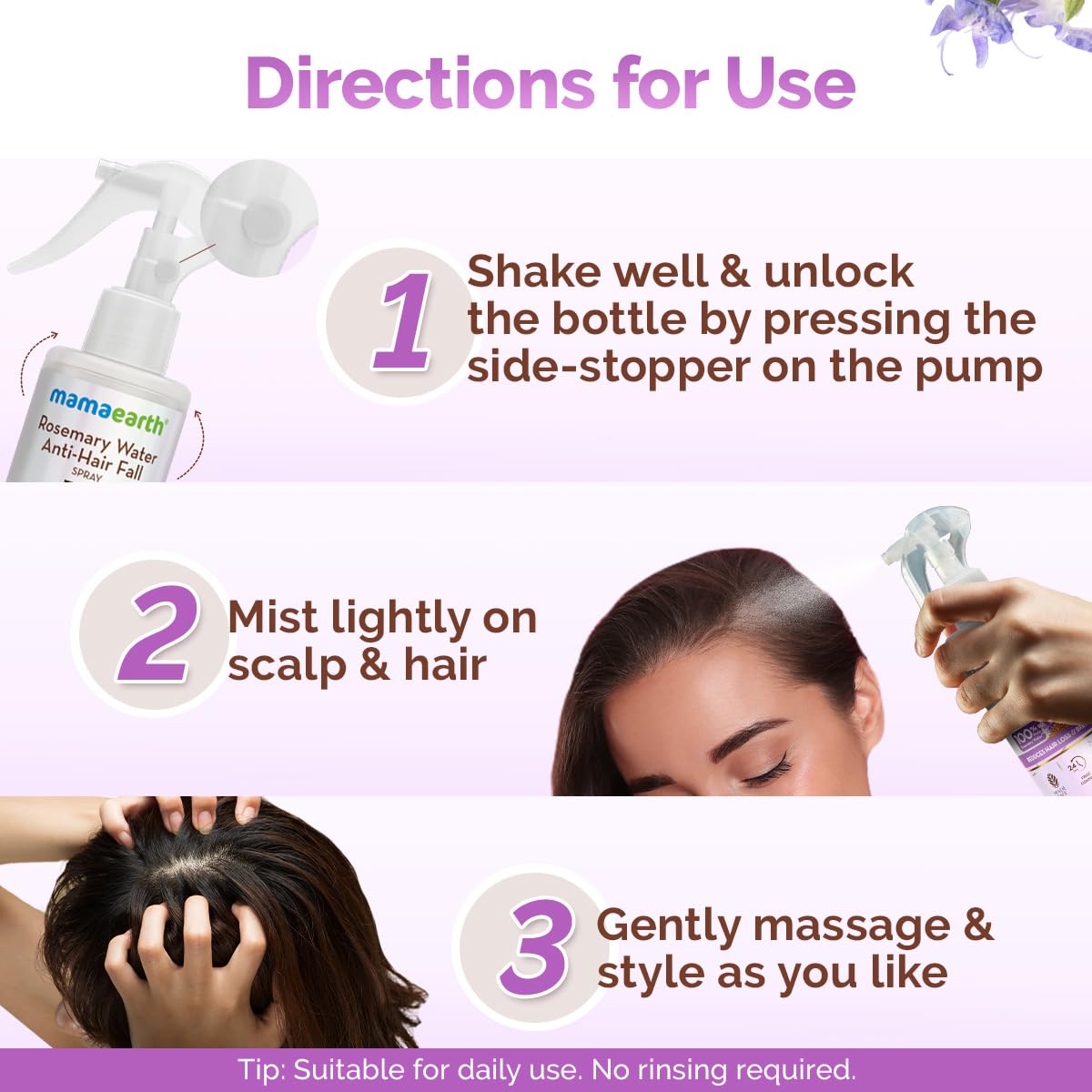 Mamaearth Rosemary Water Anti-Hair Fall Spray with 100% Pure Rosemary & Fenugreek Extract | Hair Growth Treatment for Stronger, Thicker Hair | 24-Hour Frizz Control & Shine | Folligen ANALupe & Fision Aquashield Technology | 200ml | Perfect for Daily Hair Care & Styling