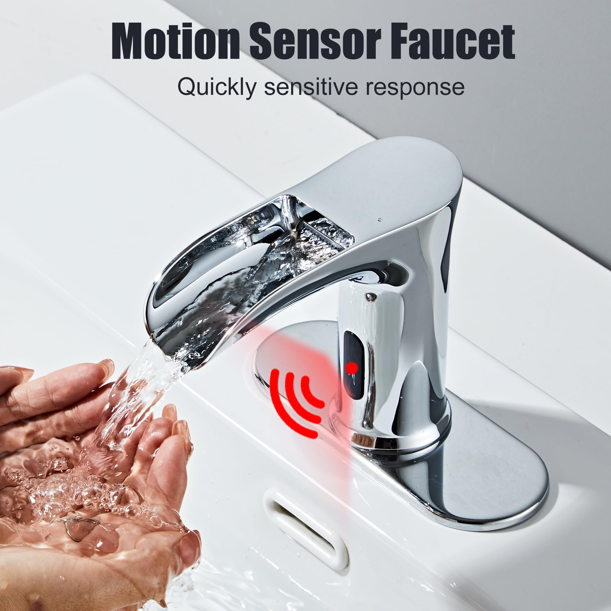 Automatic Sensor Faucet - Touchless Waterfall Bathroom Sink Faucet with Deck Plate (Chrome) | Hands-Free for Hygiene, Perfect for Home & Public Restrooms