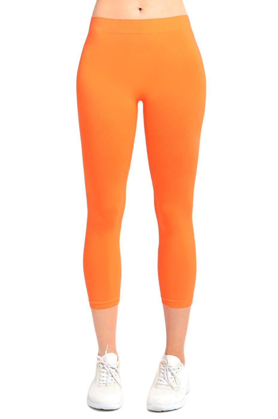 MOPAS Women's Ribbed Waistband Capri Leggings - Plain Stretch Yoga Pants in N.Orange - Perfect for Yoga, Workouts & Casual Wear