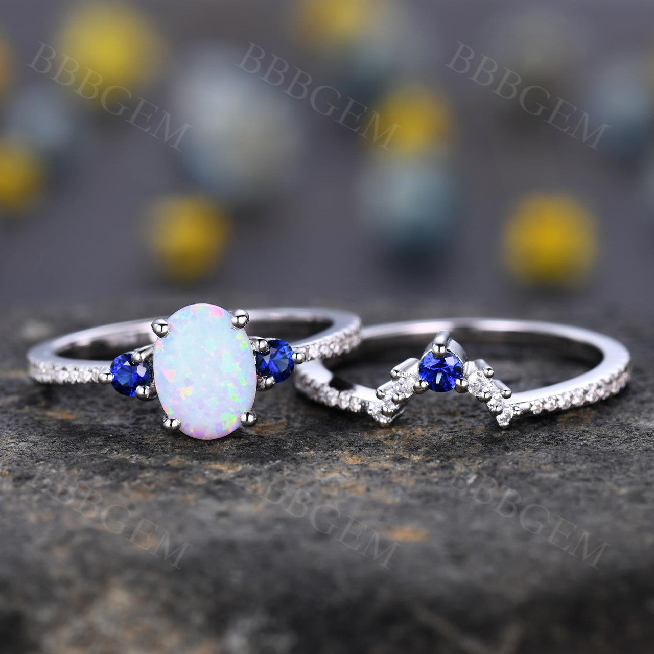 Antique Vintage Style Sapphire Opal Bridal Ring Set with Diamond Accents - Matching Wedding Band & Engagement Ring for Women - Perfect for Bridal Jewelry, Anniversary Gifts & Special Occasions