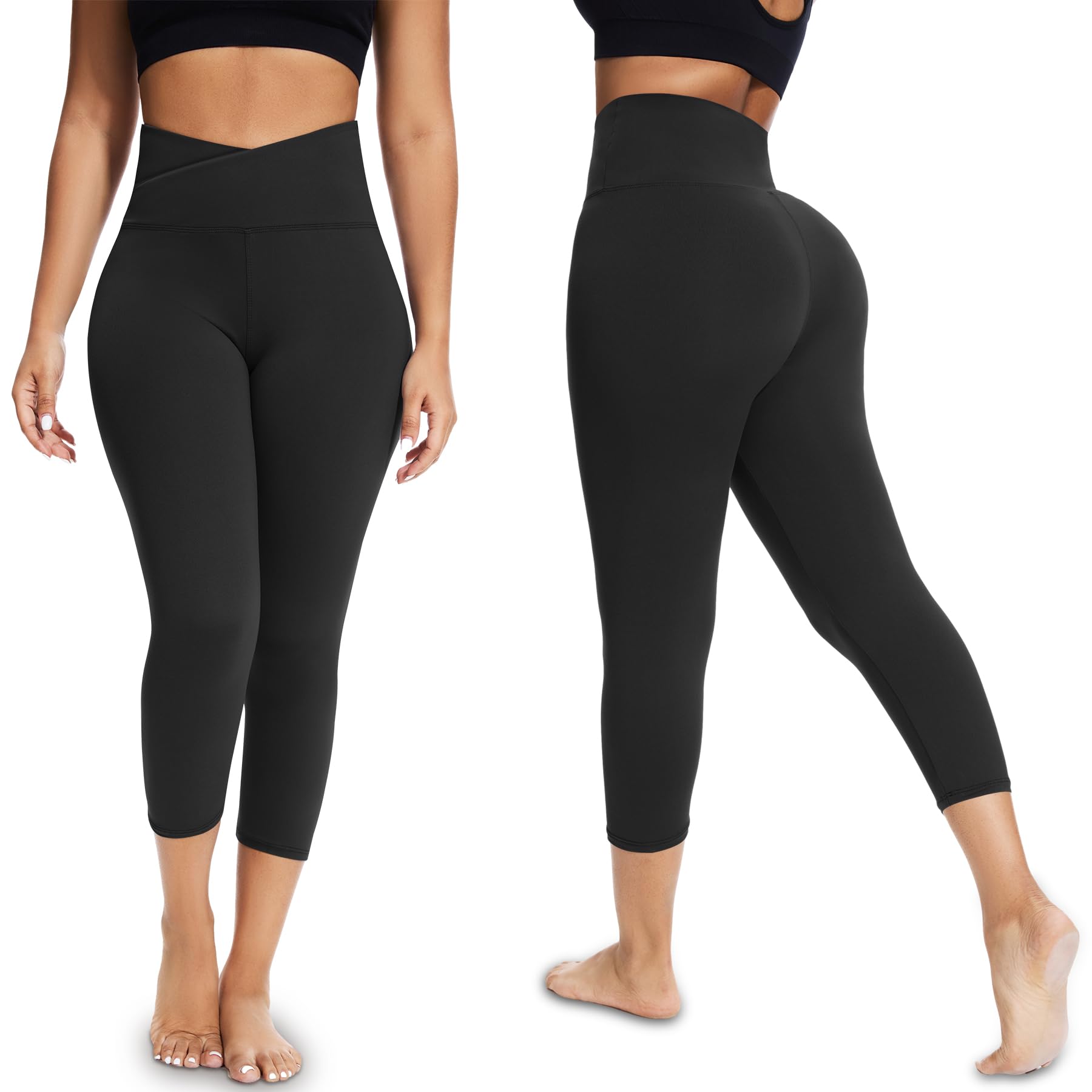 Morefeel Women's V Cross Waist Capri Leggings - Tummy Control Butt Lift Yoga Pants for Gym, Workout & Summer Sports | Soft High-Waisted Compression Tights for Running, Pilates & Lounge Wear