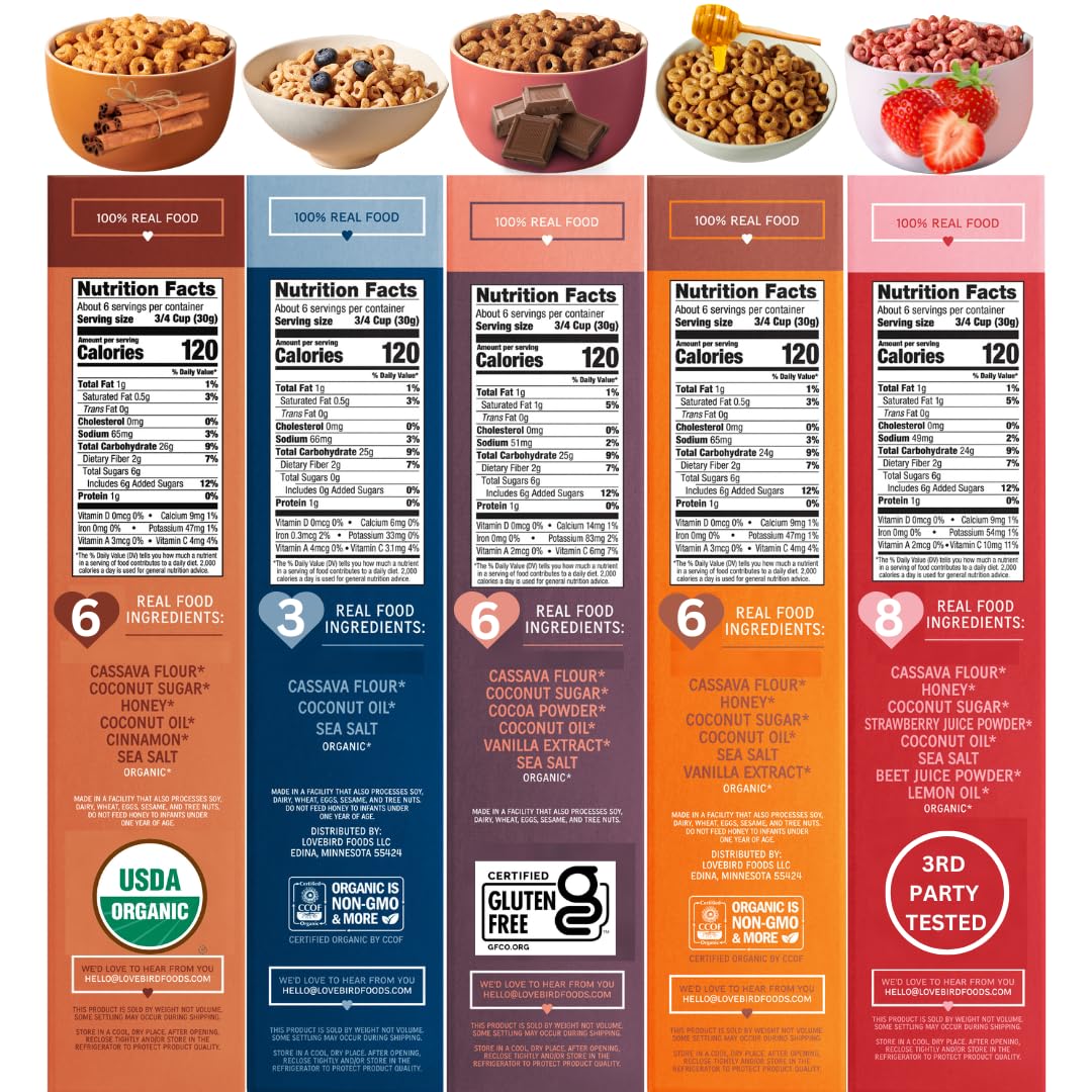 Lovebird Healthy Cereal - Organic, Grain Free, Gluten Free, Paleo AIP & Keto Friendly Breakfast Cereal with No Refined Sugar | Delicious Snack for Kids & Adults | Variety 6 Pack | Perfect for Quick Breakfasts, Office Snacks & Healthy On-the-Go Meals